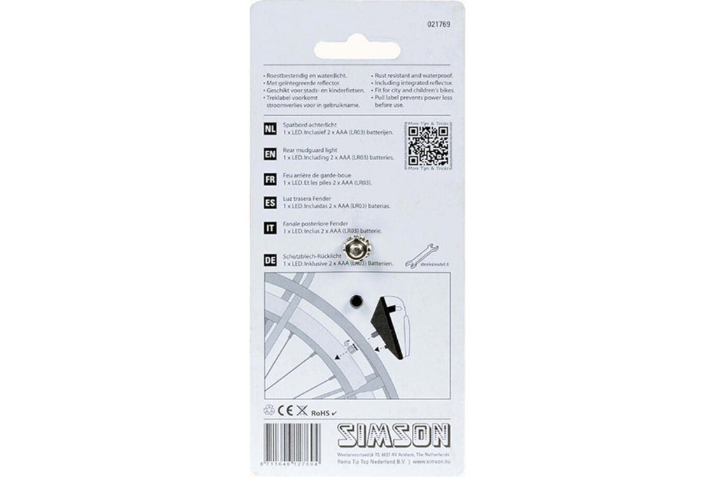 Simson spatbordachterlicht LED incl. batterijen op kaart