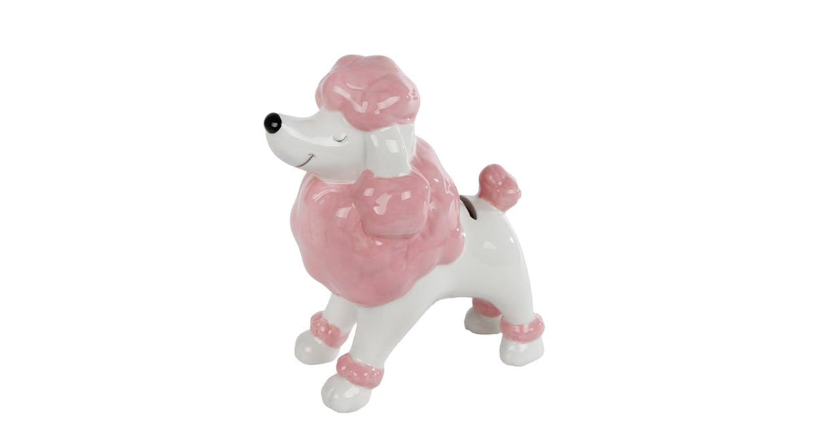 Spaarpot poedel zacht roze aardewerk 16,5x9x18cm