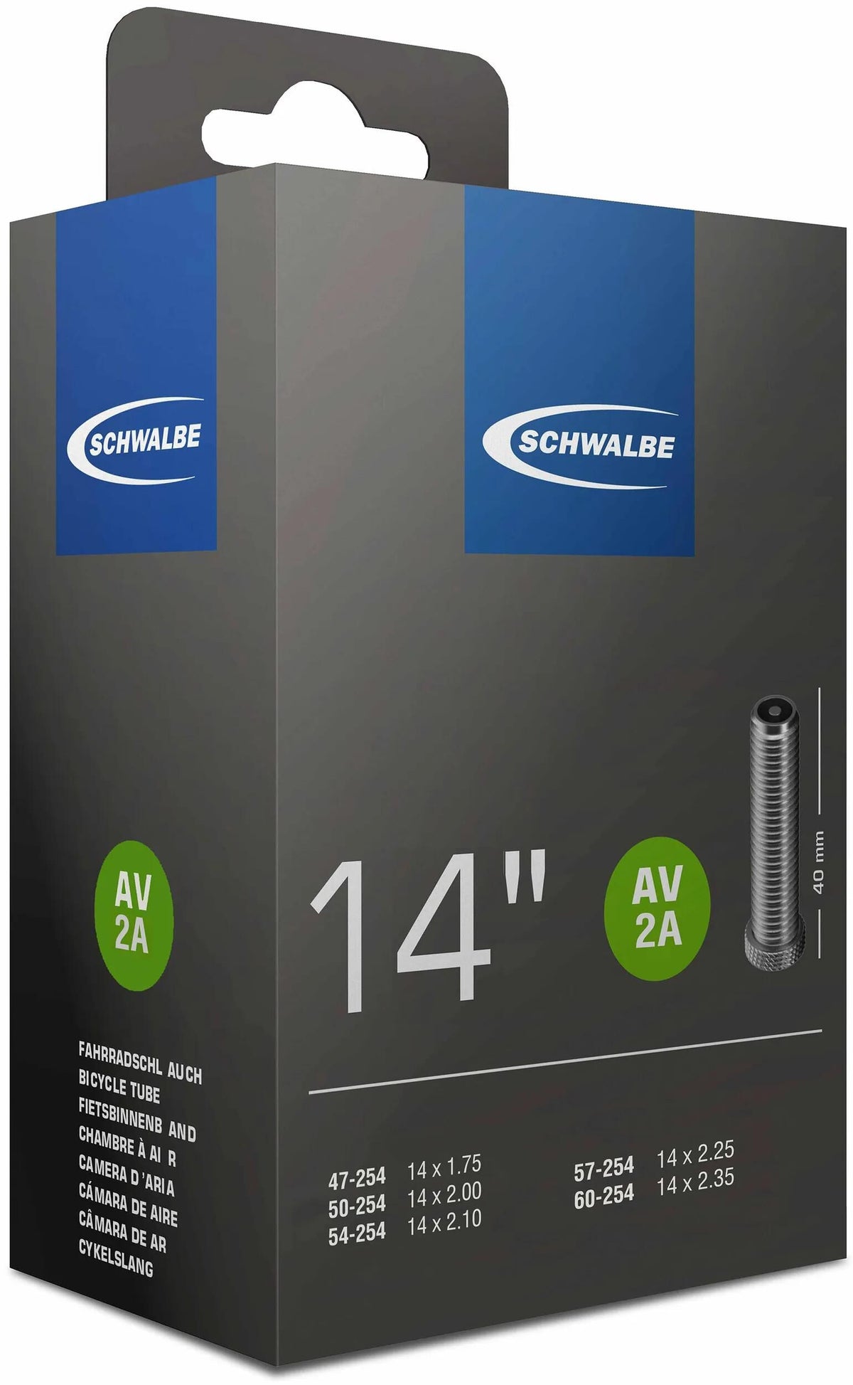 Schwalbe Fahrradschlauch AV2A, 14x1,75 ETRTO 47 60-254, Autoventil AV 40 mm