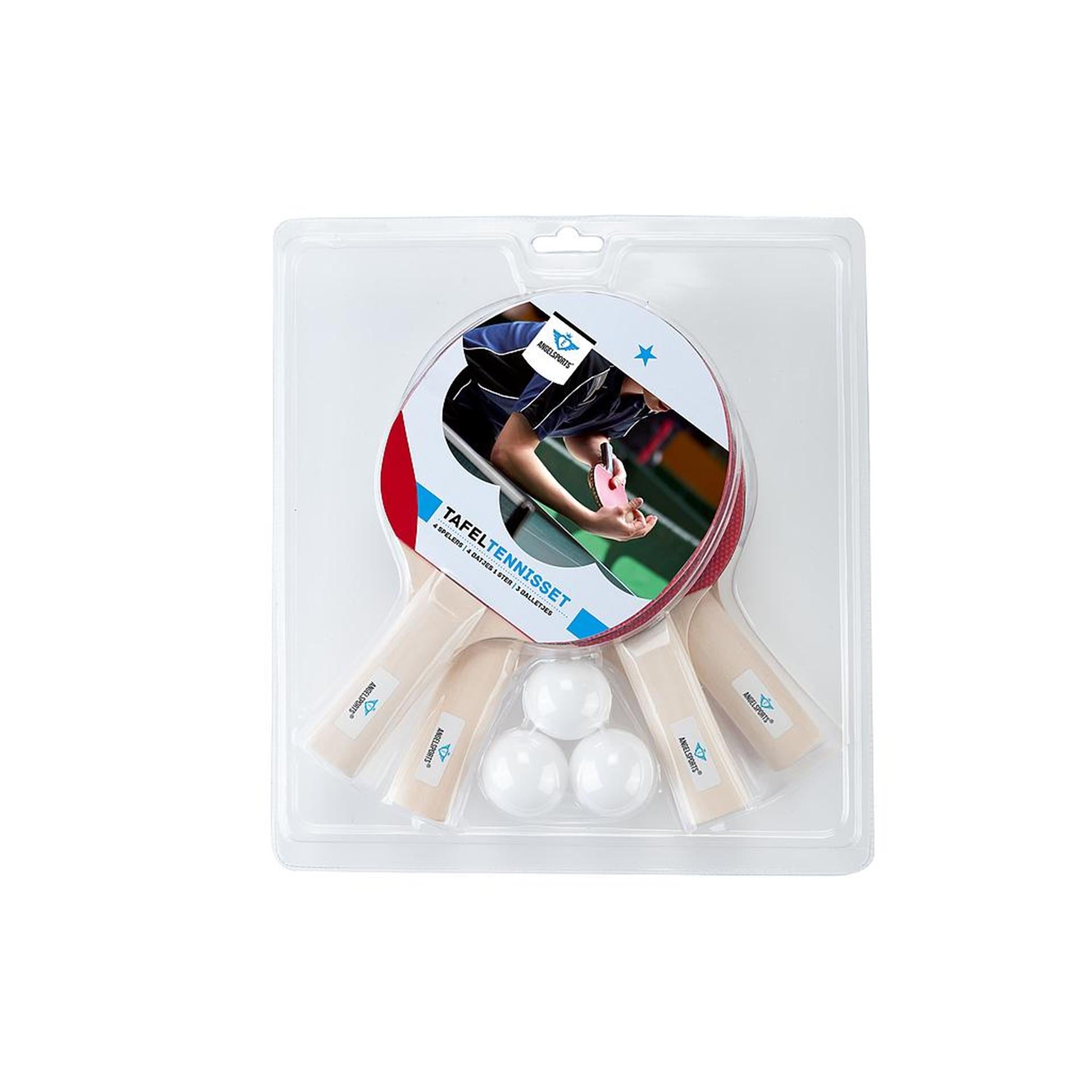 Engelhart set van 4 houten tafeltennisbats 1 ster. inclusief 3 witte plastic ballen.