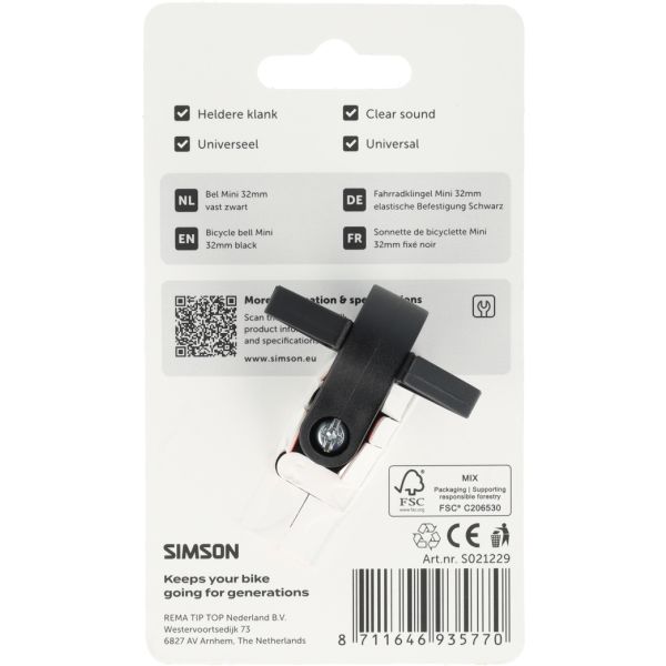 Simson fietsbel mini 32mm vaste kunststof bevestiging zwart