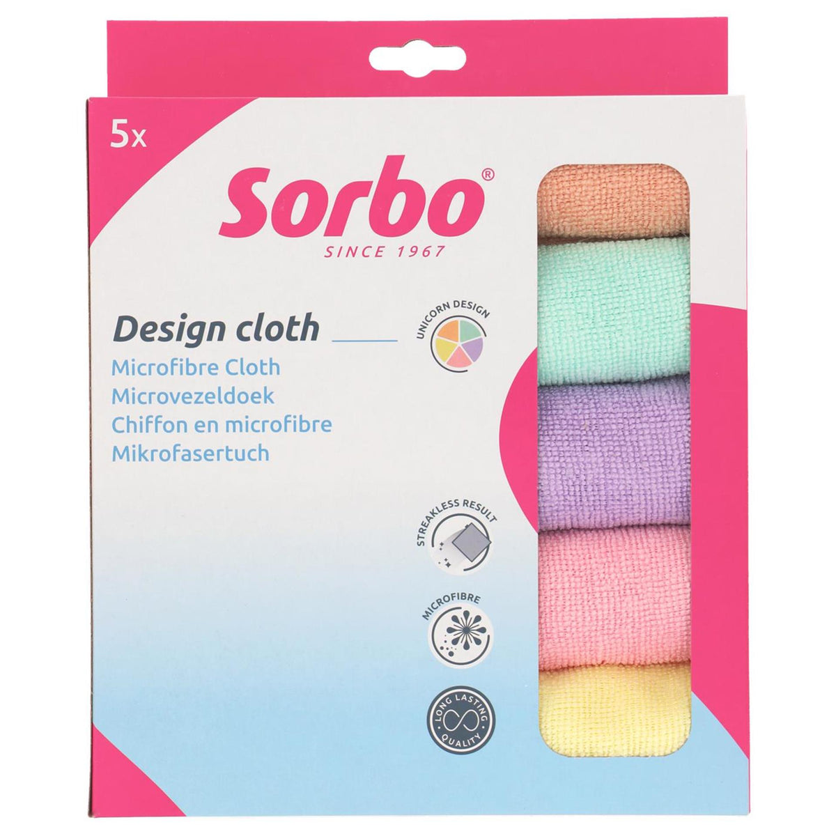 Sorbo unicorn microvezeldoeken - 5 stuks - 40 x 40 cm - multicolor - streeploze schoonmaakdoeken