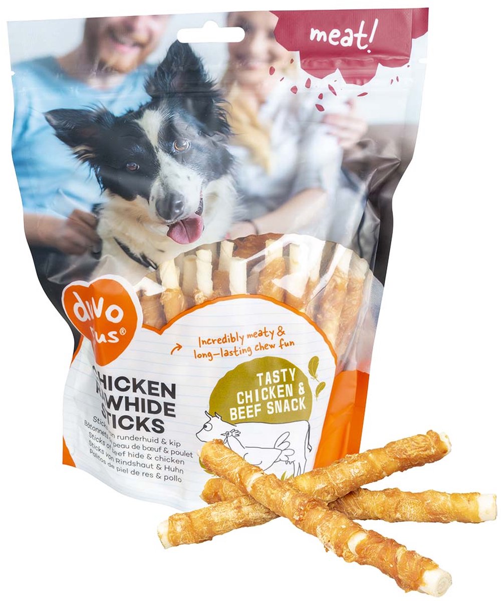 Duvo plus meat! snack kip runderhuid sticks voor honden s-12.5cm-1kg