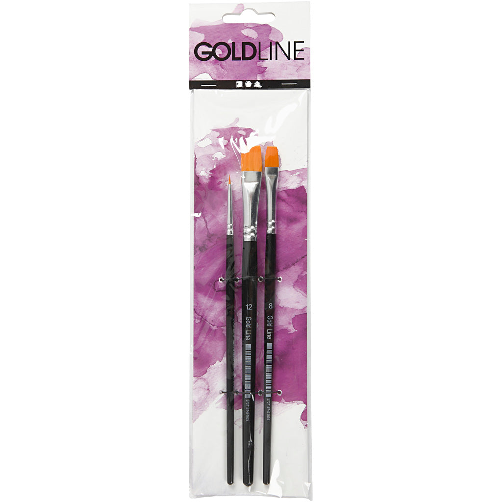 Creativ Company Gold Line Pinsel, Größen 2+8+12, Länge: 16,5–19 cm, Breite: 3–12 mm, flach, 3 Stück pro Packung