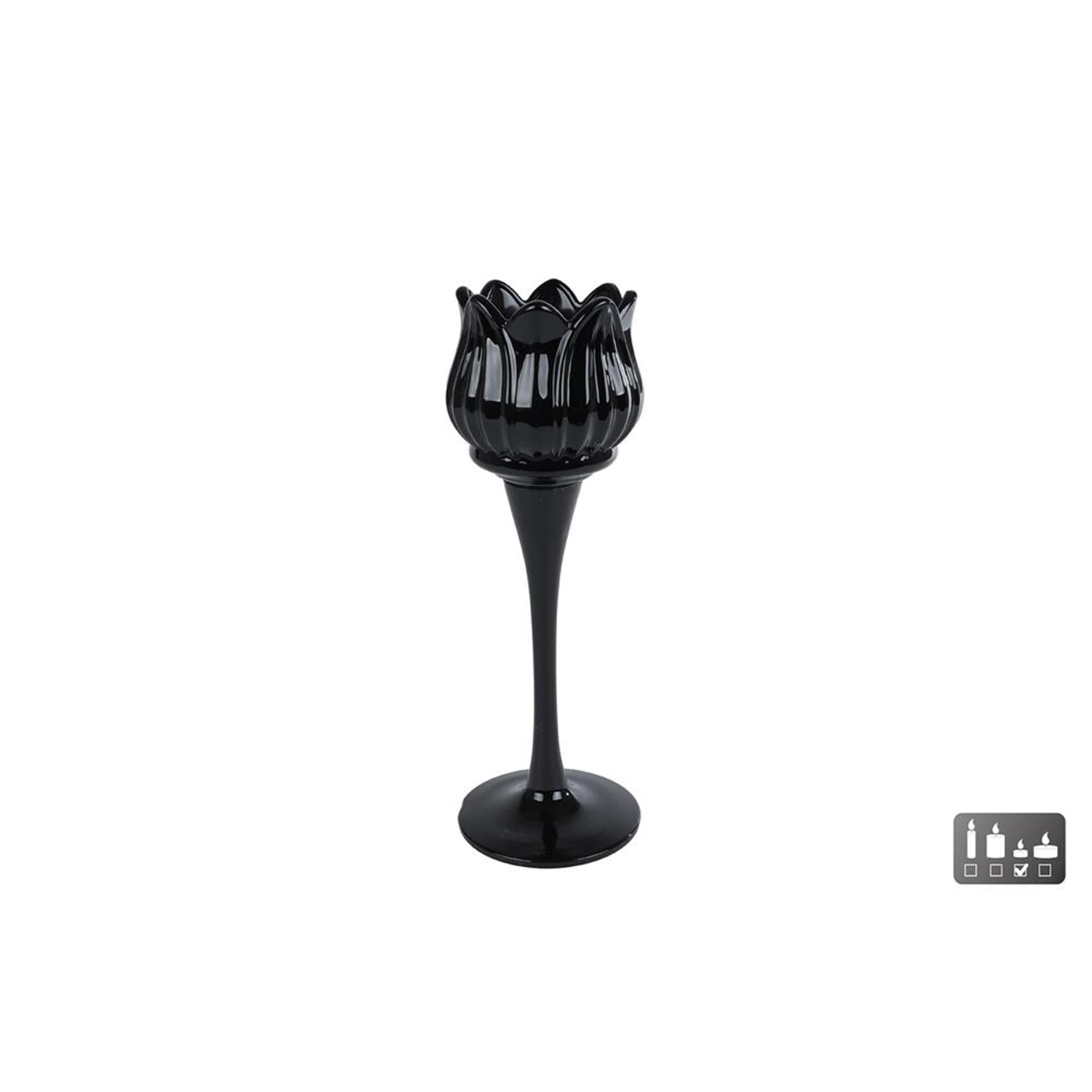 Cosydecor theelichthouder tulp zwart glas 7x7x22cm