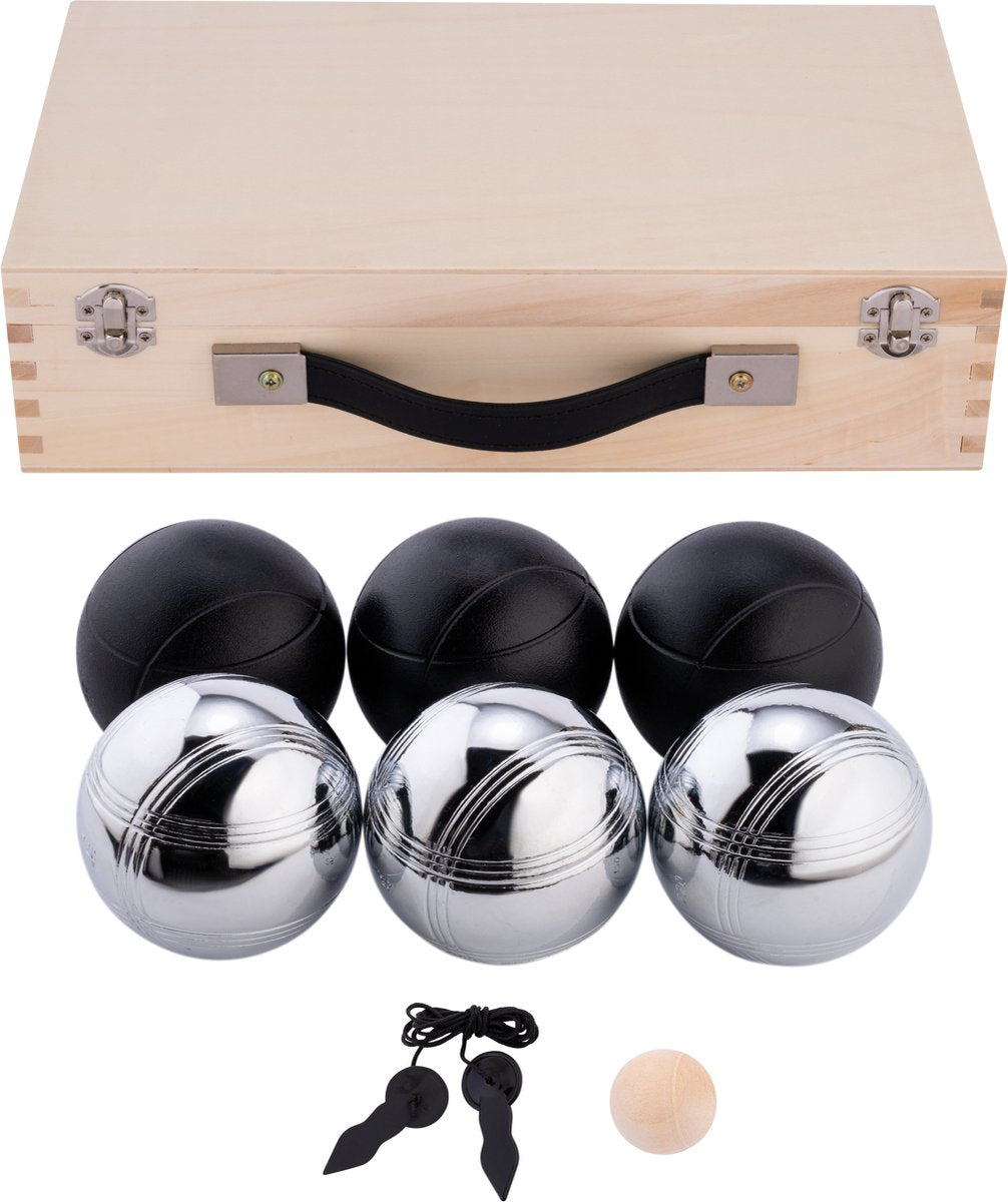 Engelhart metalen jeu de boules - 6 ballen in houten kist - zwart grijs - luxe set - pétanque - boules - metalen ballen - geschikt voor elke jeu de boules baan - longfield