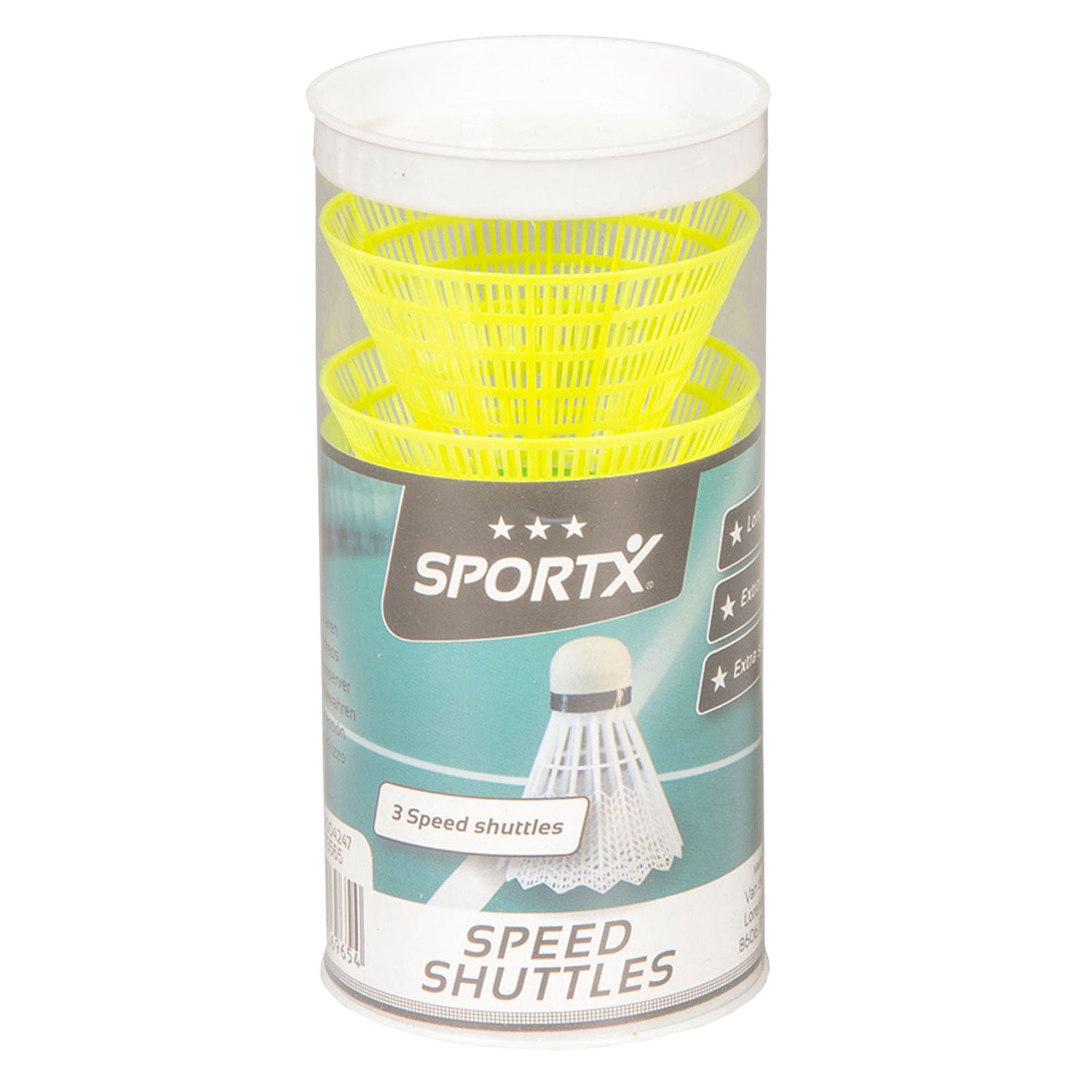 SportX Speed-Badminton-Federbälle im Rohr, 3 Stück.