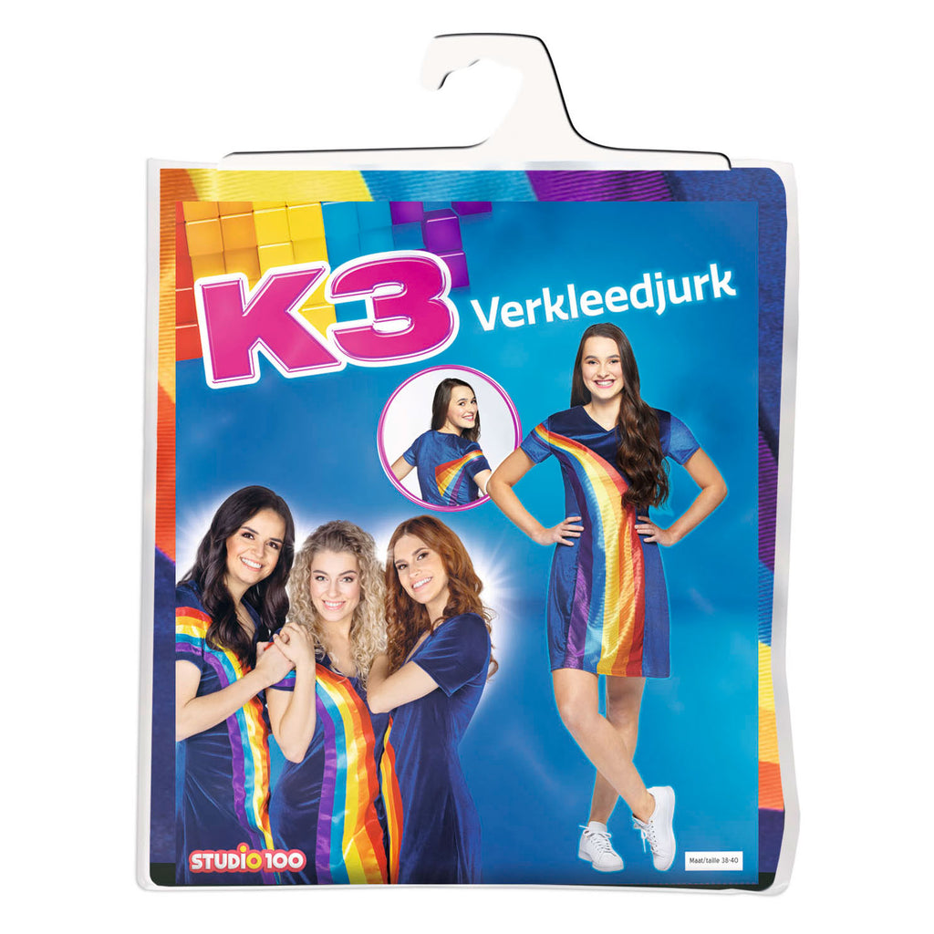 K3 verkleedkleding - jurkje volwassenen regenboog blauw - maat 38 40 m