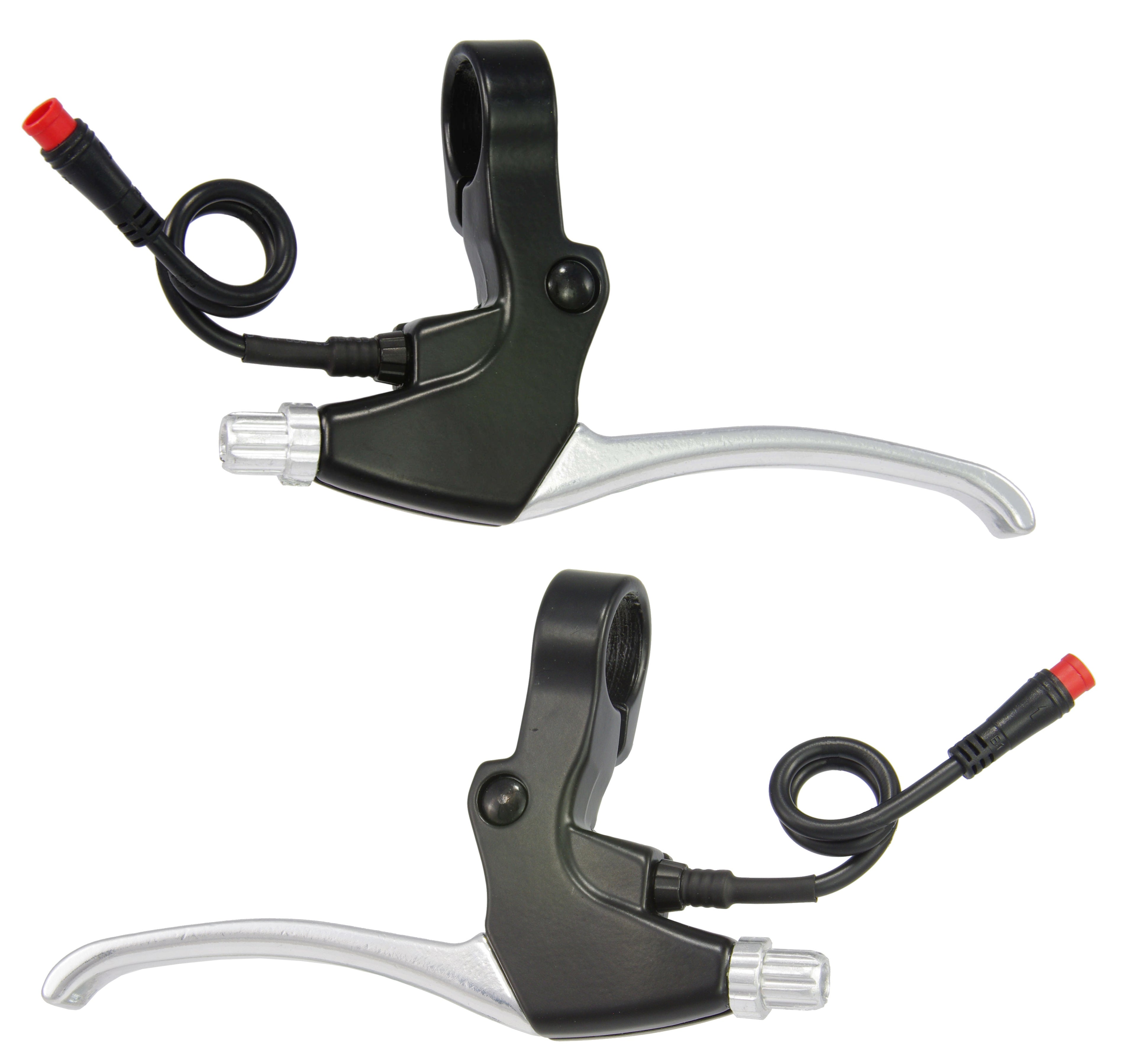 Saccon Bremshebelset für E-Bikes mit magnetischem Bremsabschalter. Schwarz und silber.