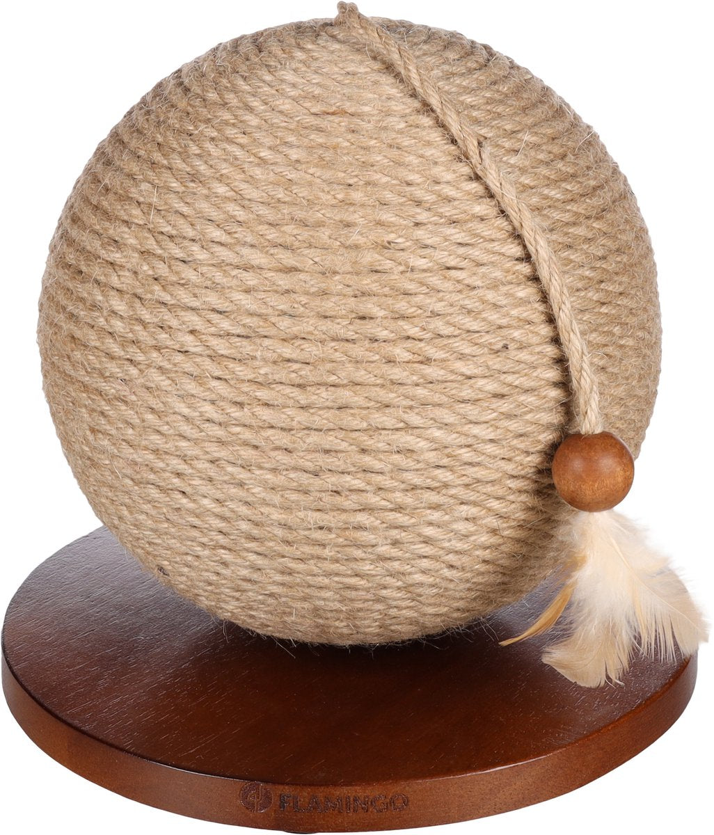 Flamingo kattenspeelgoed - kattenspeelbal krabbal estrella bruin ø 24,5 cm – interactieve speelbal met jute krabtouw en veer – krabspeelgoed kat compact stijlvol