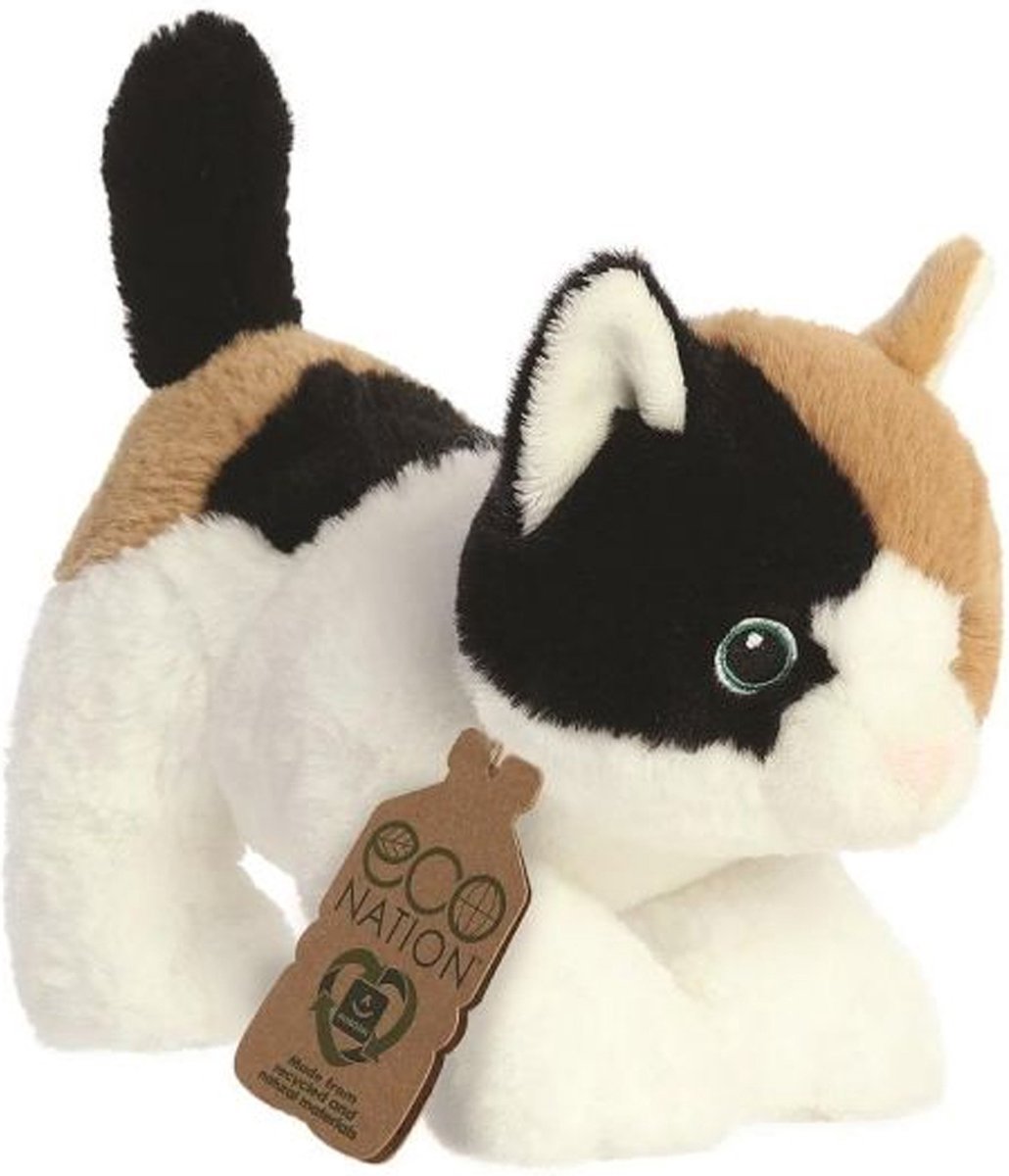 Aurora eco nation pluche knuffeldier kat poes - bruin wit - 22 cm - katten poezen thema speelgoed