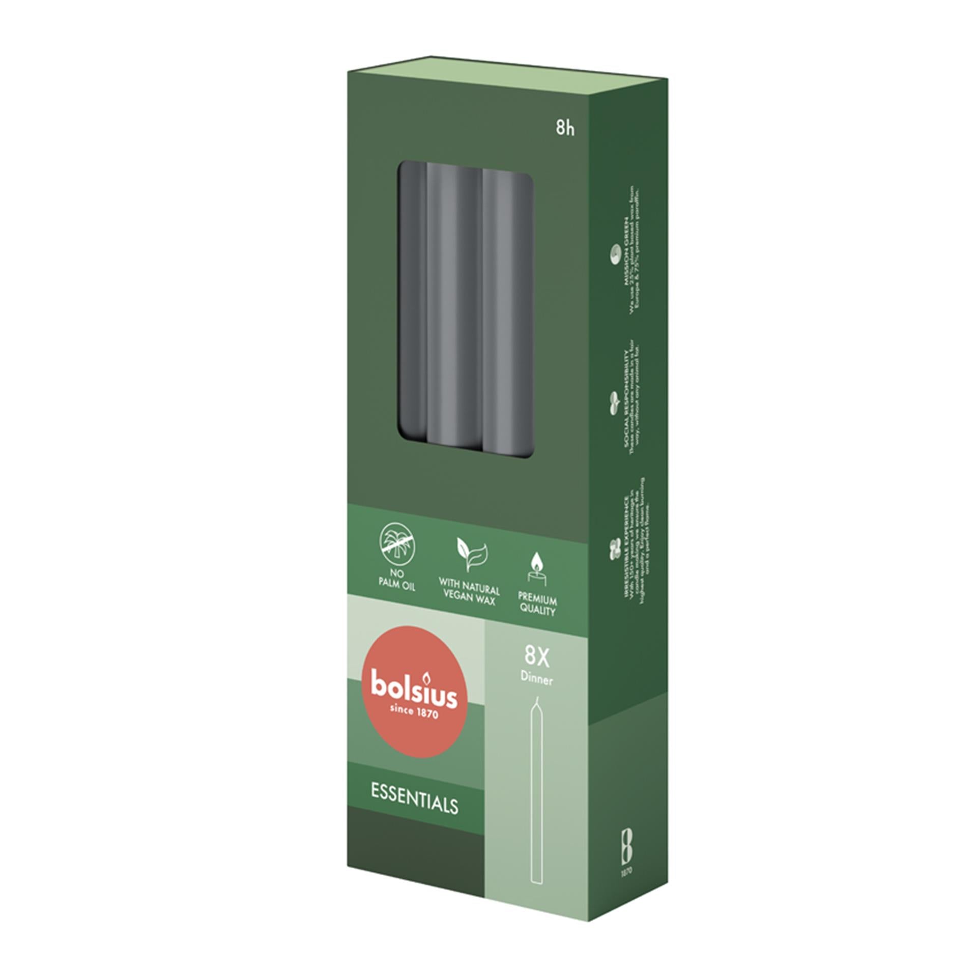 Bolsius dinerkaarsen 230 20 grey 8 stuks
