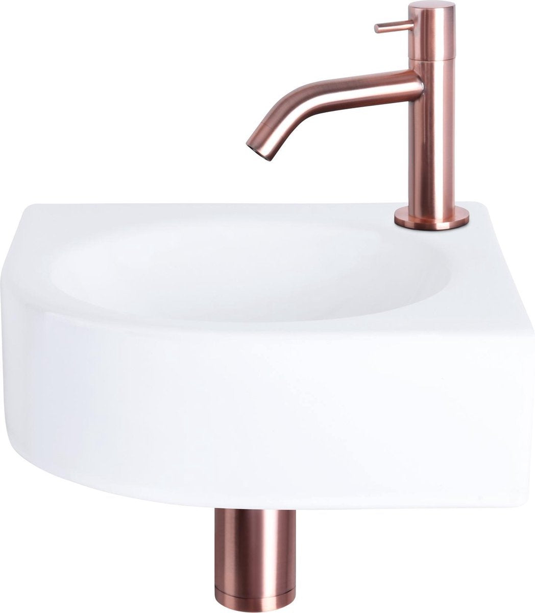 Differnz cleo fonteinset - keramiek - hoekfonteintje met gebogen koudwaterkraan rood koper - inclusief sifon en afvoerplug - plaatsbesparend - 30 x 30 x 10 cm - wit