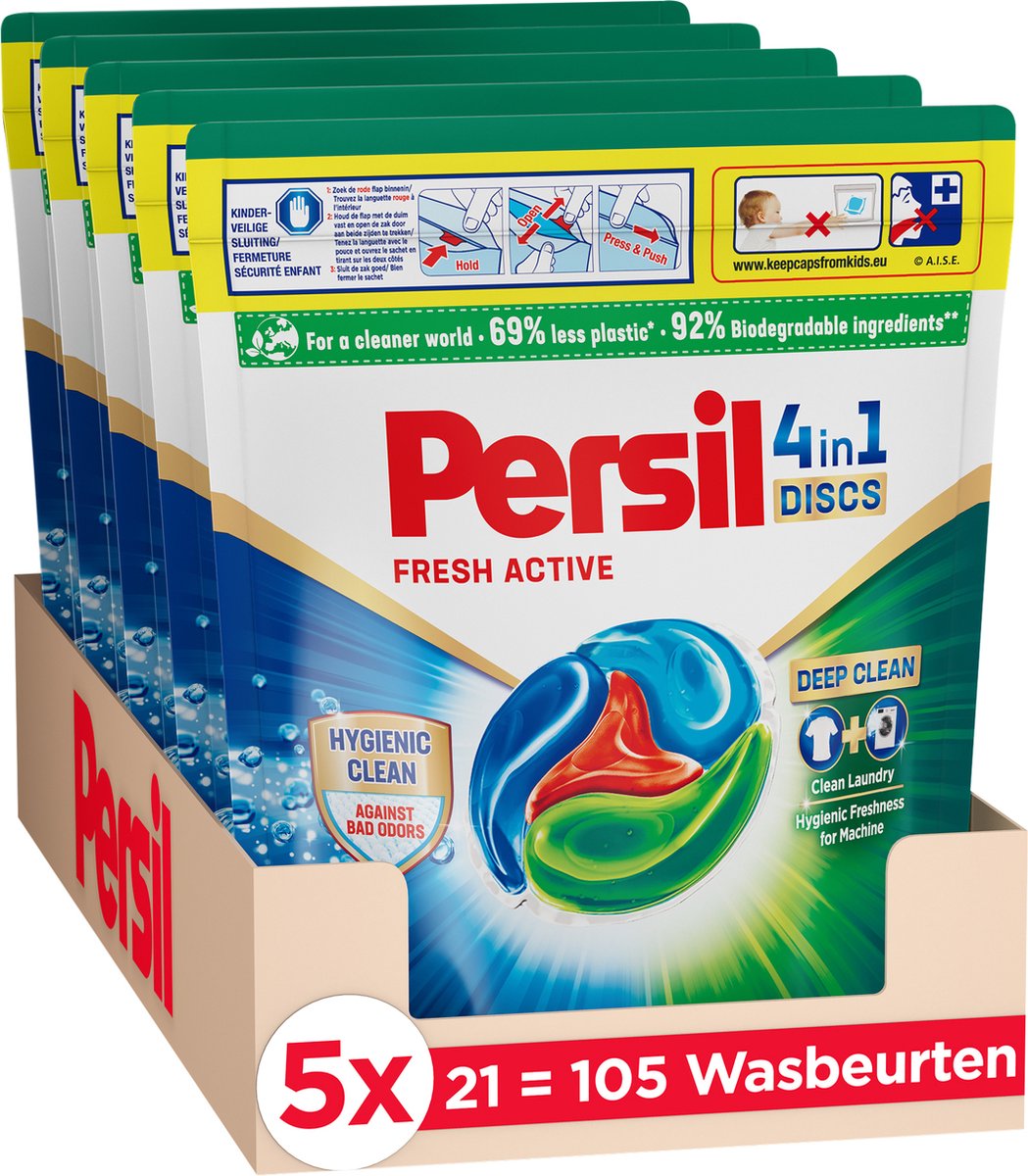 Persil discs fresh active - wascapsules - krachtige vlekverwijdering - hygiënische reiniging - voordeelverpakking - 5 x 21 wasbeurten