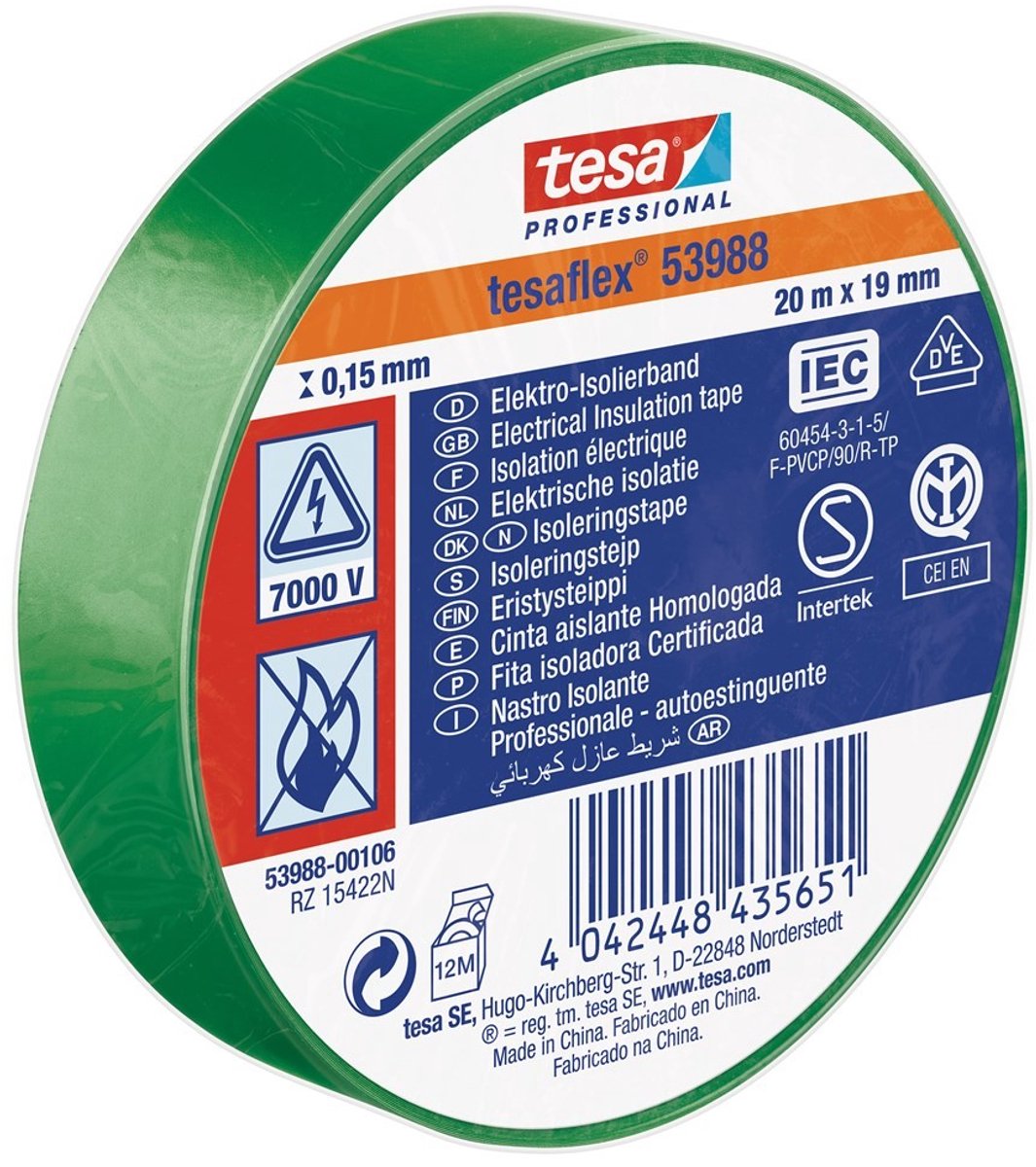 Tesa isolatietape 19mm - 20 meter - groen