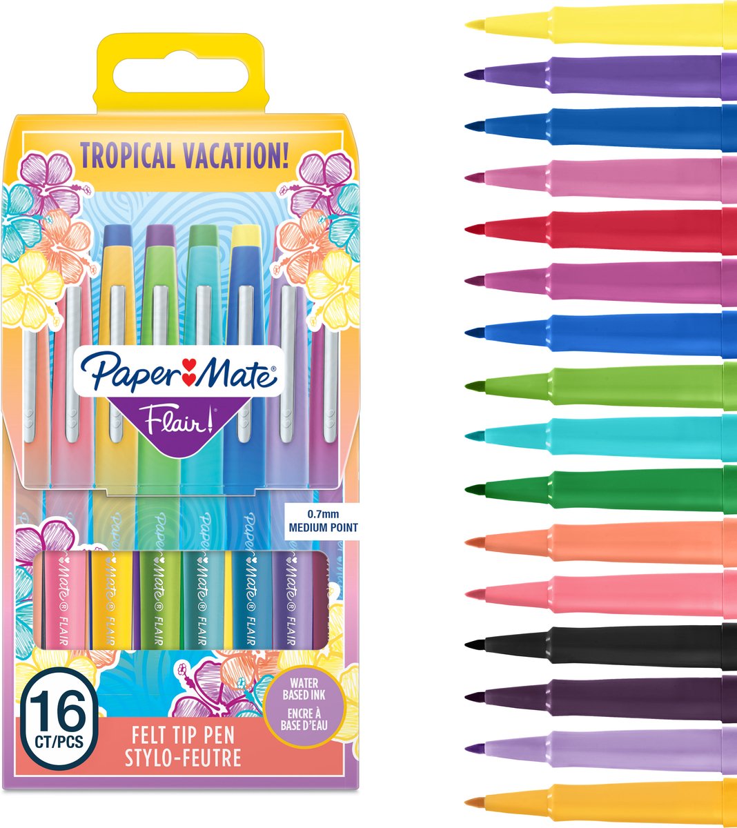 Paper mate flair-viltstiften | medium punt (0,7 mm) | diverse tropische-vakantiekleuren | etui met 16 stuks