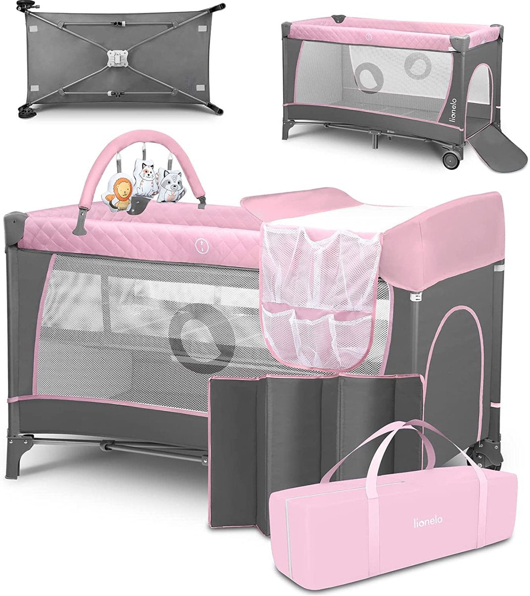 Lionelo flower campingbedje - 2in1 - meegroeibed - co-sleeper - lockguard - draagtas - reisbedje box - praktische zij-ingang met ritssluiting - hoogwaardige schuimmatras - snel opvouwsysteem - multifunctionele box en reiswieg