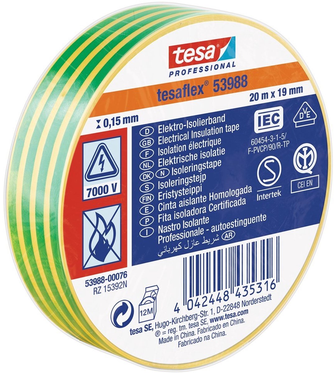 Tesa isolatietape 19mm - 20 meter - groen geel