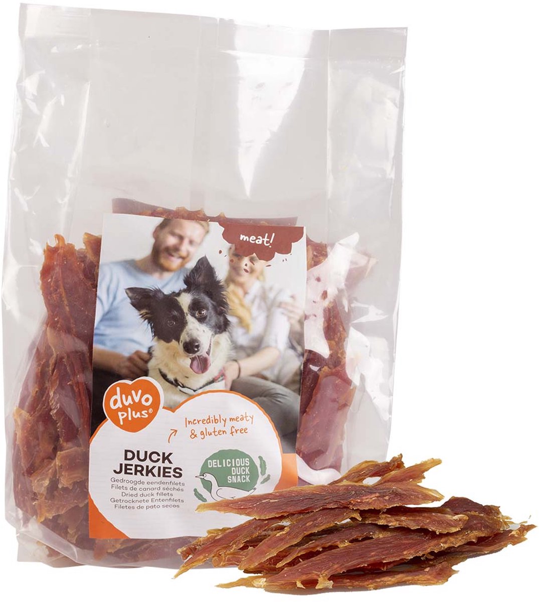 Duvo plus meat! snack eend jerkies voor honden 1kg
