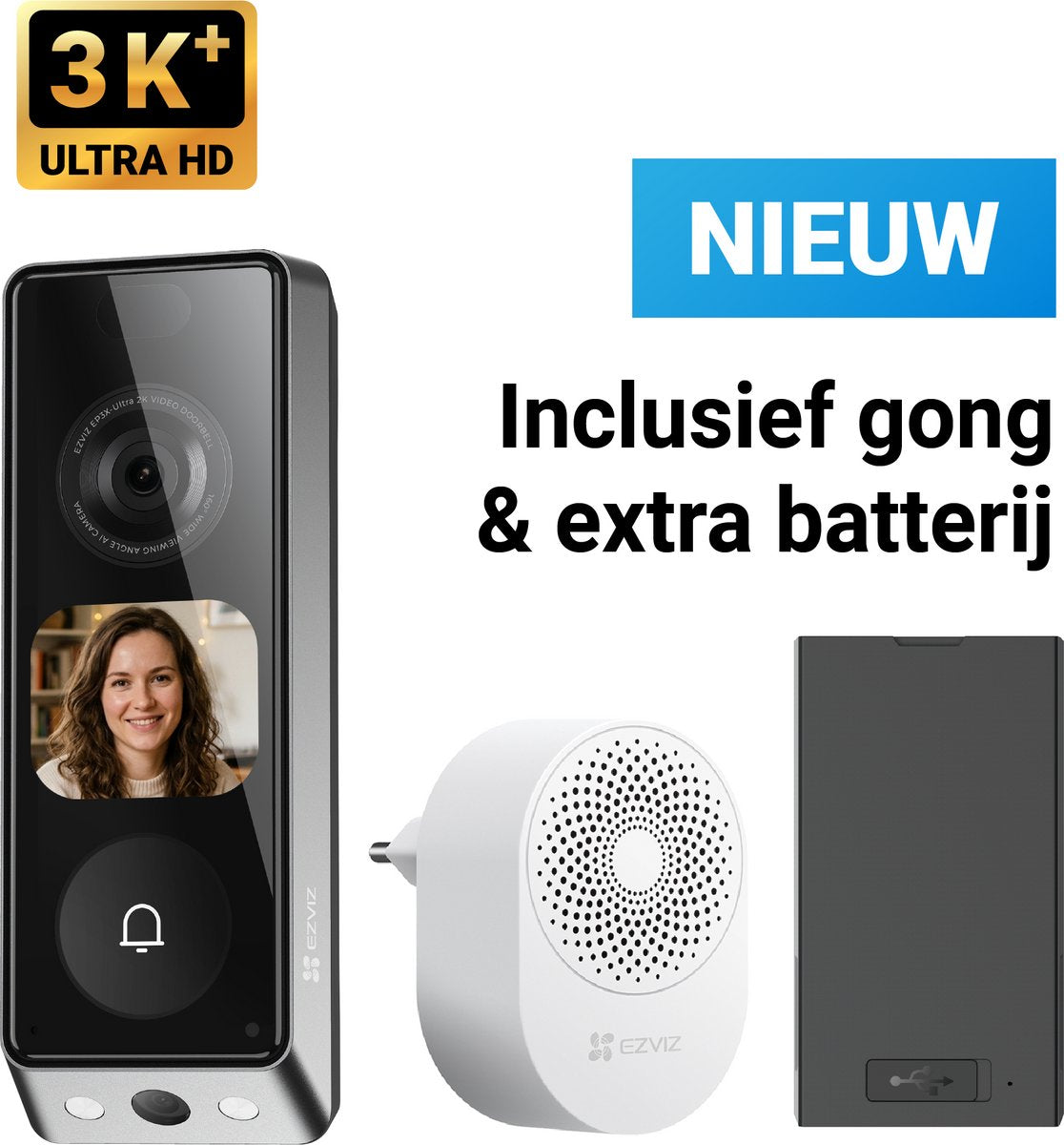 Ezviz ep8 ultra - videodeurbel met camera met ai scherm – 3k+ ( 6mp) dual lens – pakketdetectie – draadloos of bedraad – 32gb opslag – zonder abonnement