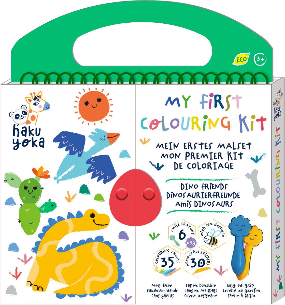 Haku yoka : mijn eerste kleurkit dinovrienden 20,5x24x2cm, bevat 6 waskrijtjes met lachend gezichtje, 35 kleurvellen en afneembare stickers, bevat 10% bijenwas, 3+