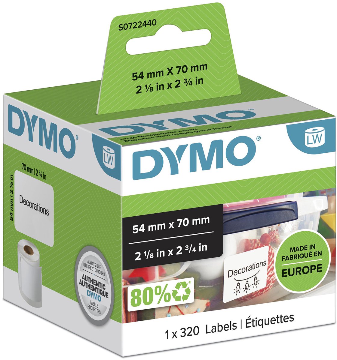 Dymo originele multifunctionele labelwriter labels | 54 mm x 70 mm | 320 zelfklevende etiketten | voor de labelwriter labelprinters | gemaakt in europa