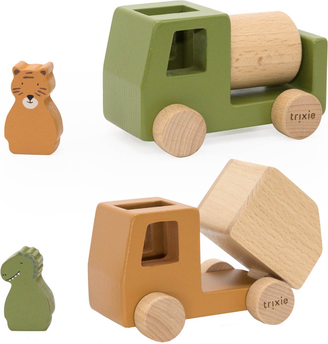 Trixie houten speelgoed - bouwvoertuigen - speelgoedauto - vrachtwagen auto - met dieren - voor jongens en meisjes – fsc® hout