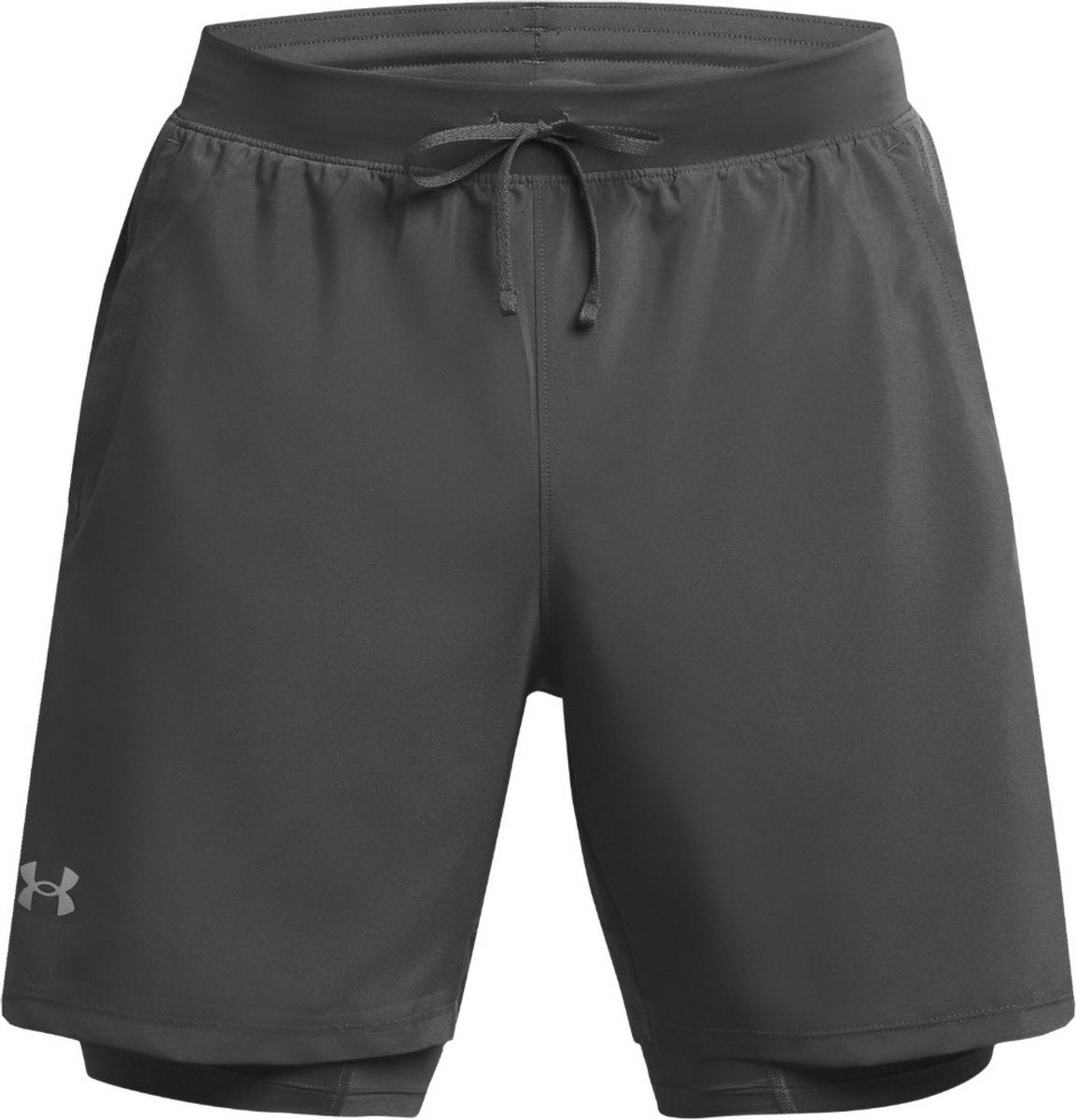 Under armour ua launch 7'' 2-in-1 shorts-gry heren sportbroek - castlerock - castlerock - reflecterend l