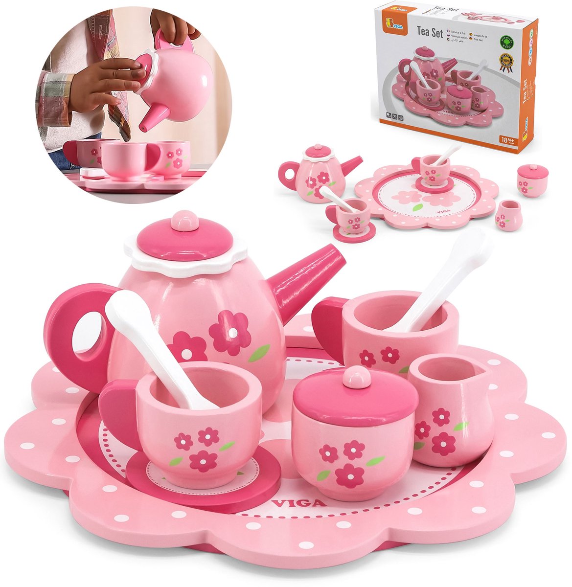 Creativ company viga toys houten theeservies - rose - theeservies met dienblad, theepot en meer - educatief speelgoed voor kinderen