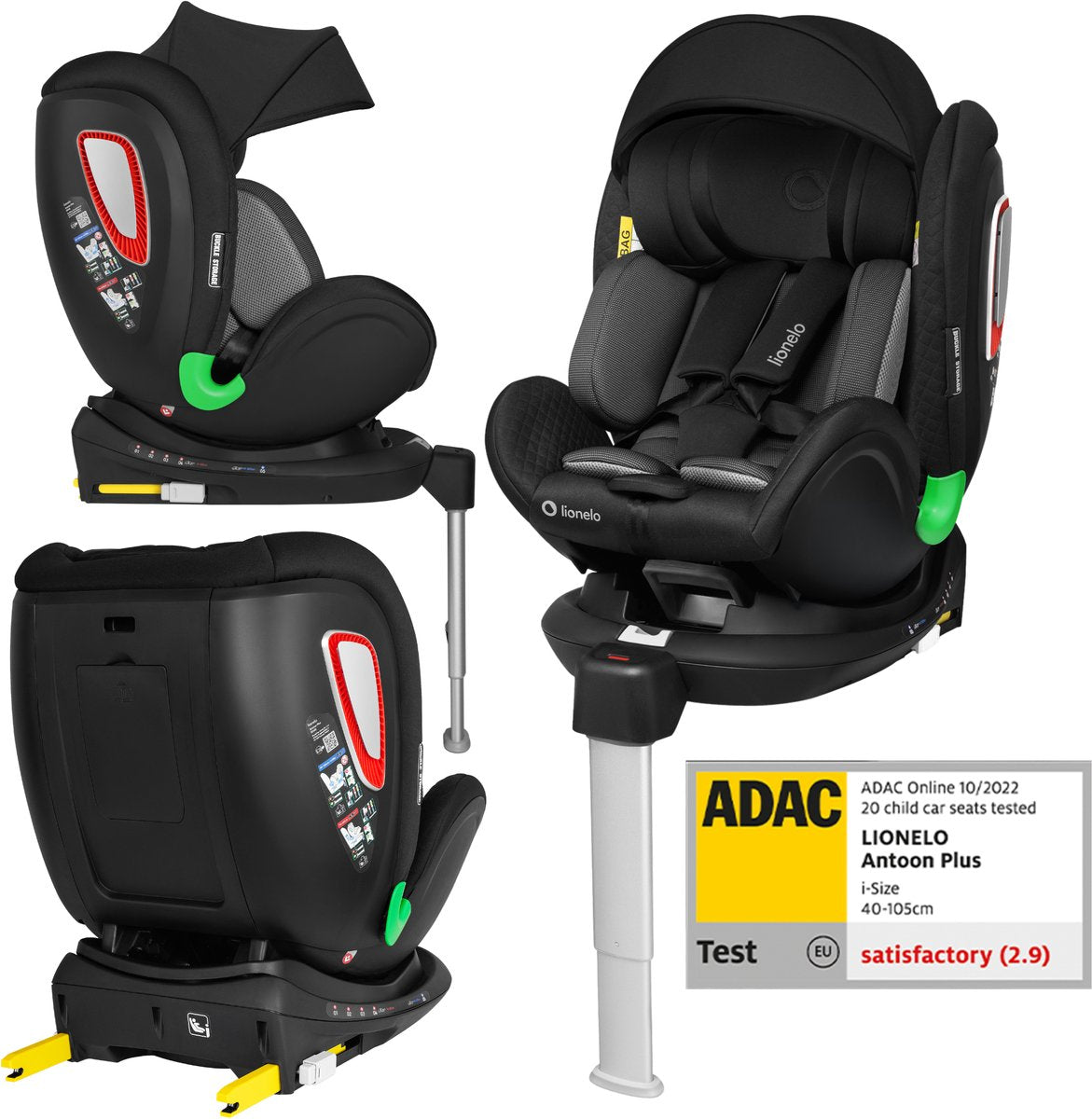 Lionelo antoon plus i-size autostoel 0-18 kg (40-105 cm) - 360° draaibaar - isofix met stabilisatiepoot - adac veiligheidscertificaat - rwf fwf - 5-puntsgordel - sips zijbescherming - verstelbare hoofdsteun rugleuning