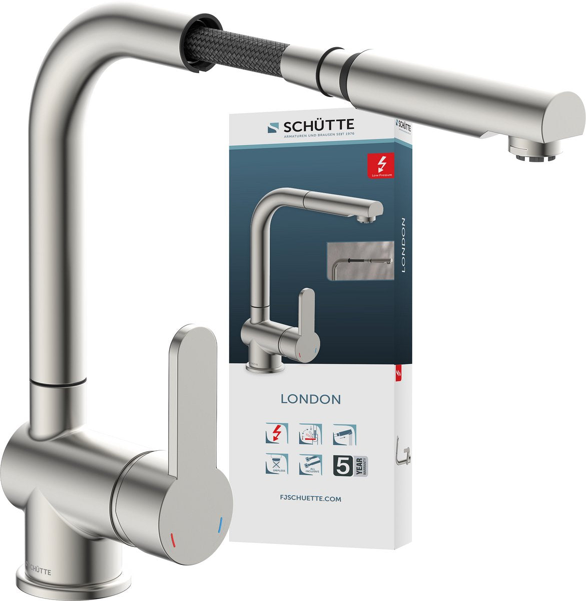 Schütte london design keukenkraan voor waterverwarmer met vrije uitloop - lage druk - mengkraan - hoge, draaibare en uittrekbare uitloop - zijdelingse greep - roestvrije staal-look
