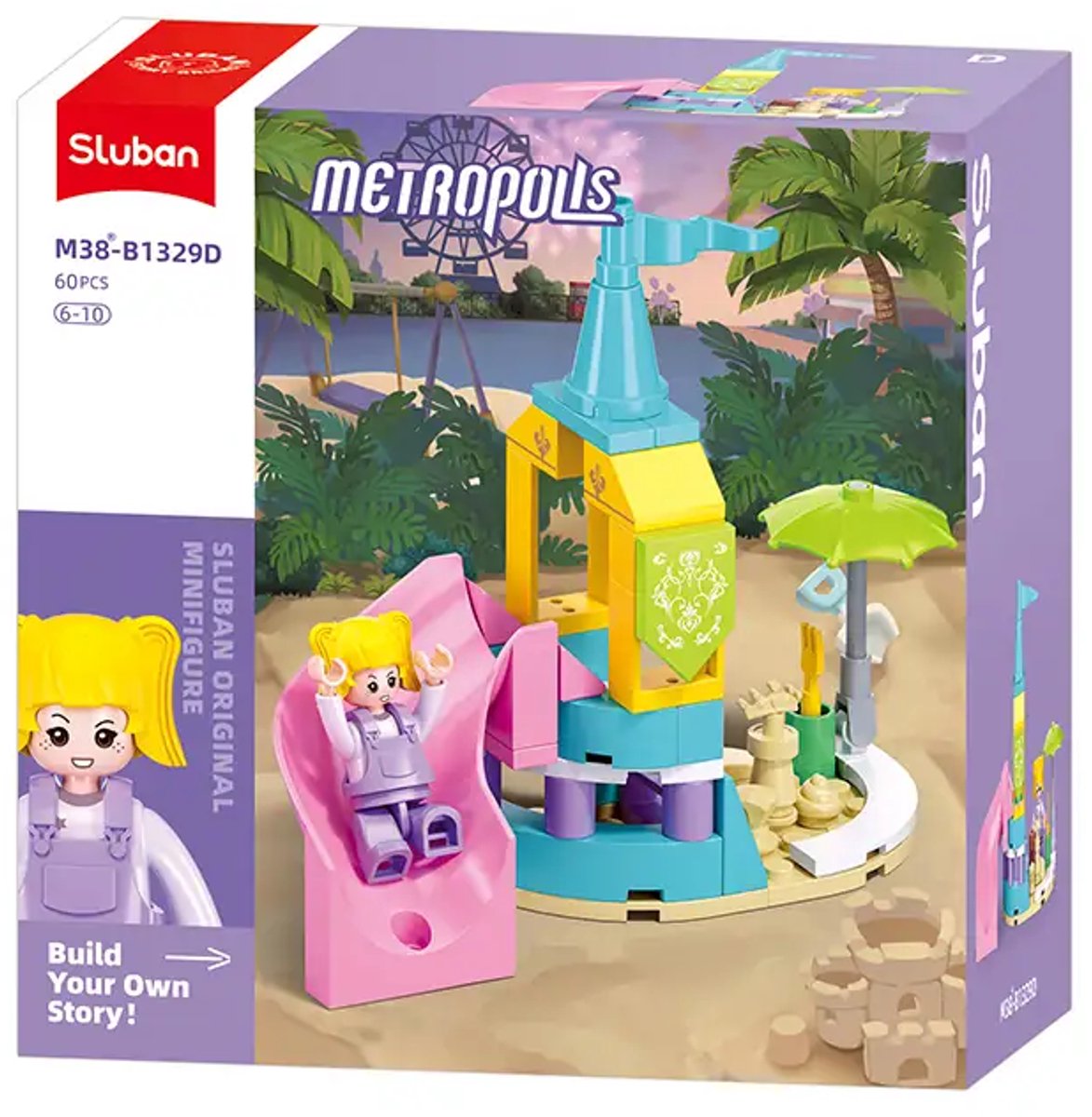 Sluban glijbaan speelset bouwspeelgoed kinderen vanaf 6 jaar – constructiespeelgoed modelbouw – bouwdoos met 60 bouwstenen – m38-b1329d
