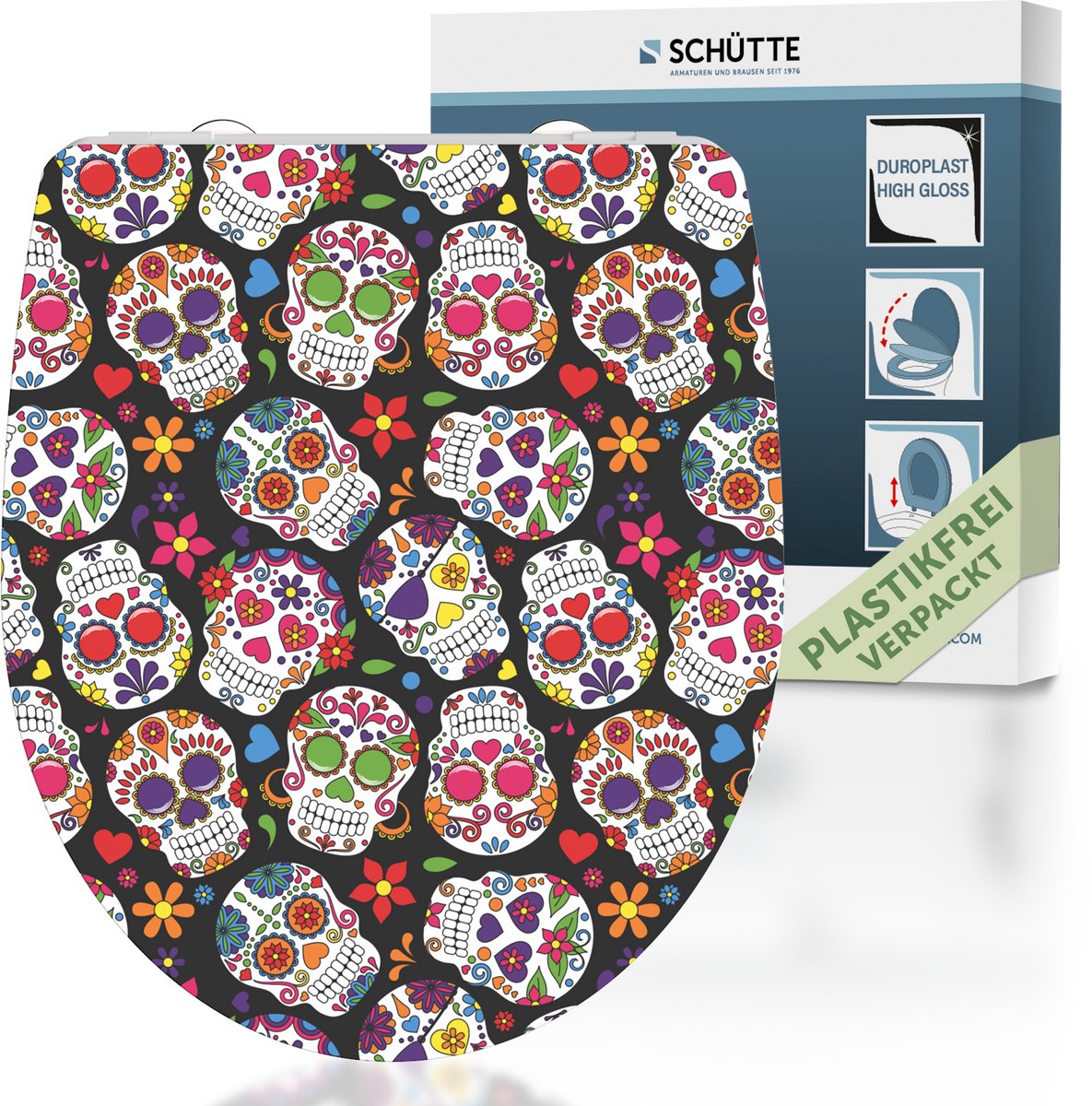 Schütte wc-bril 82586 crazy skull - high gloss - duroplast - soft close - afklikbaar - rvs-scharnieren - belastbaar tot 175 kg - decor - 1-zijdige print