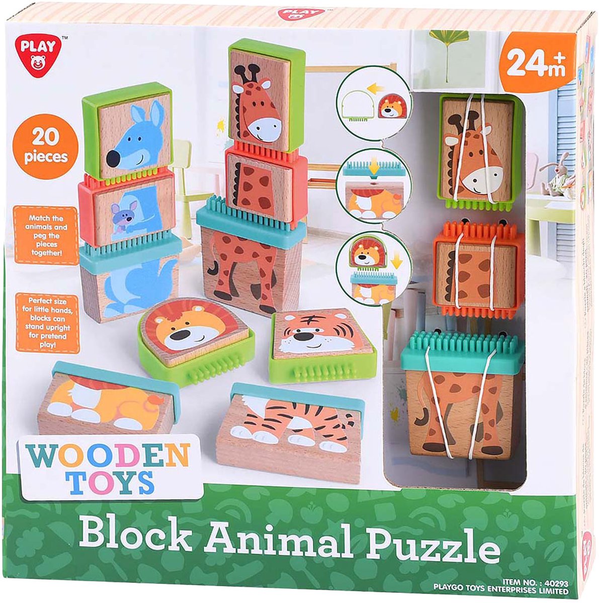 Playgo play houten blokpuzzel dieren, 20dlg.