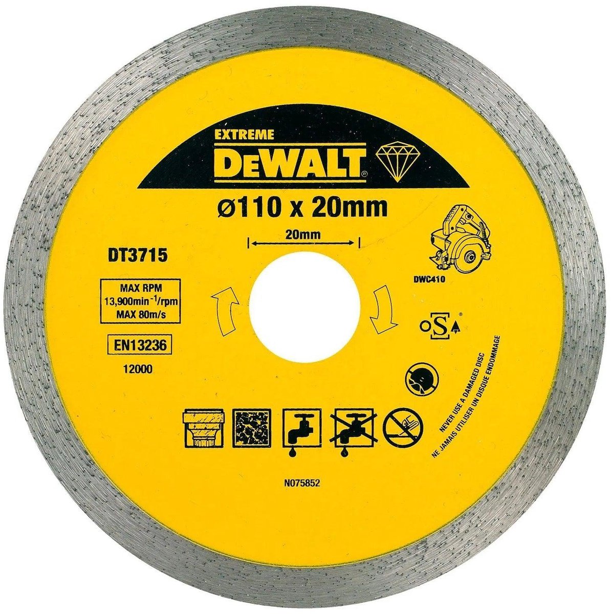 Dewalt dt3715 diamantzaagblad 110mm nat droog voor tegelzaagmachine