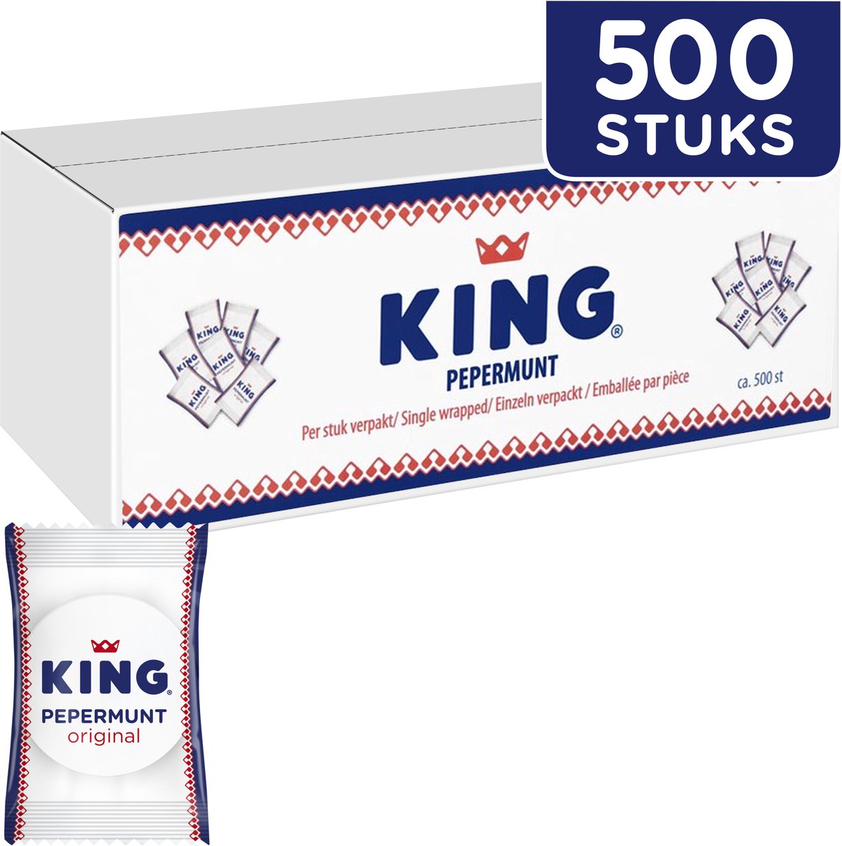 King pepermunt snoep per stuk verpakt in doos - verfrisser mint smaak - 500 pepermuntjes à 2g