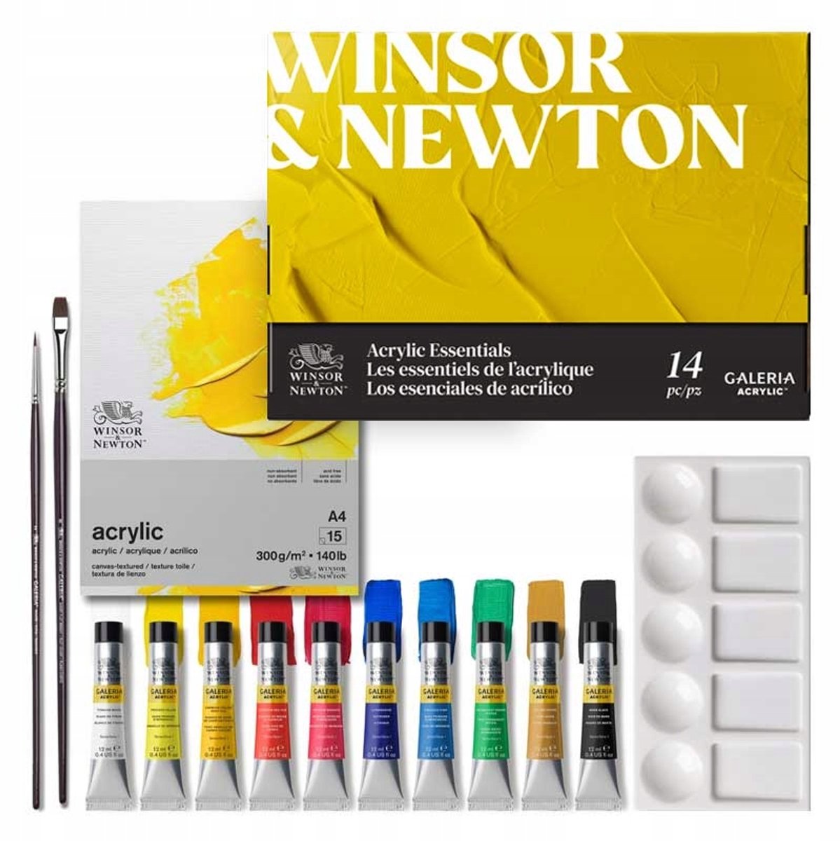 Winsor newton 2190615 galeria acrylverf set essentials 14-delig – 10x12ml + penselen + a4 acrylblok palet