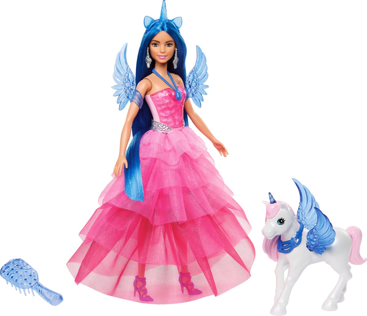 Mattel Einhornpuppe mit blauen Haaren, rosa Farbe und Alicorn