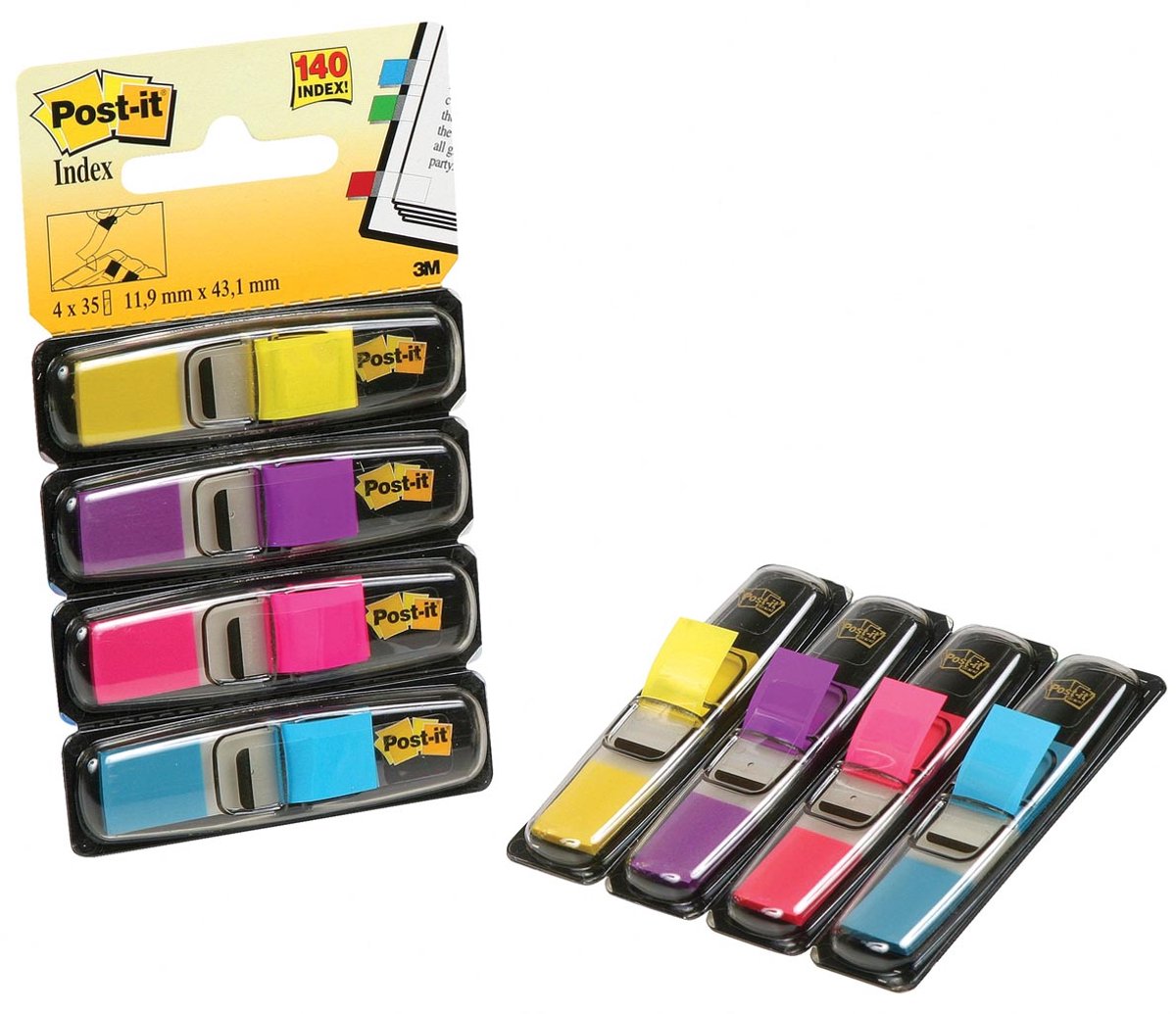 Post-it ã‚â® index smal, standaard dispenser, helderblauw, geel, roze, paars, 12 x 43 mm, 35 tabs kleur dispenser