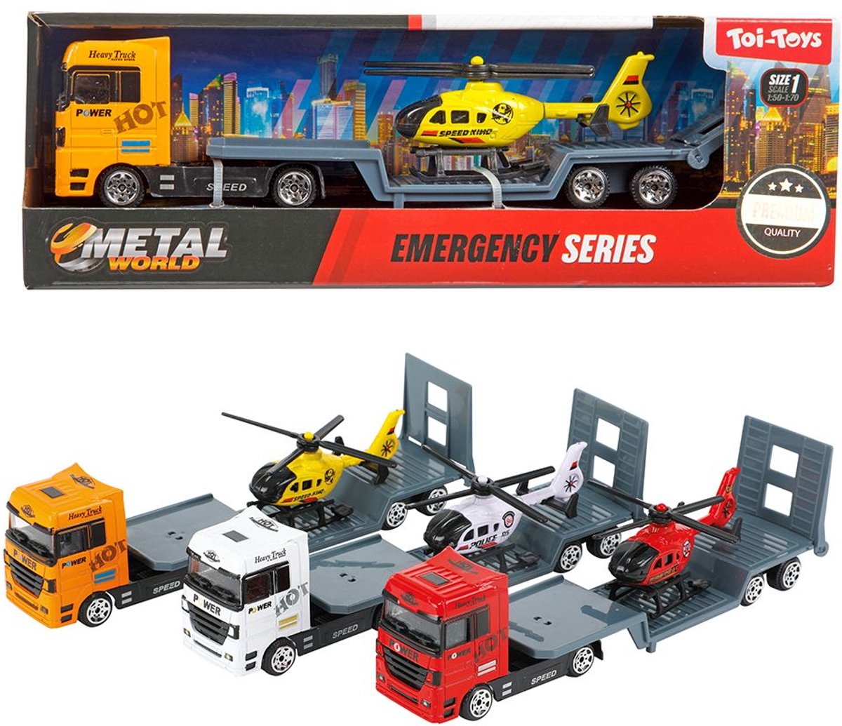Toi-toys metal vrachtwagen met oplegger en helikopter