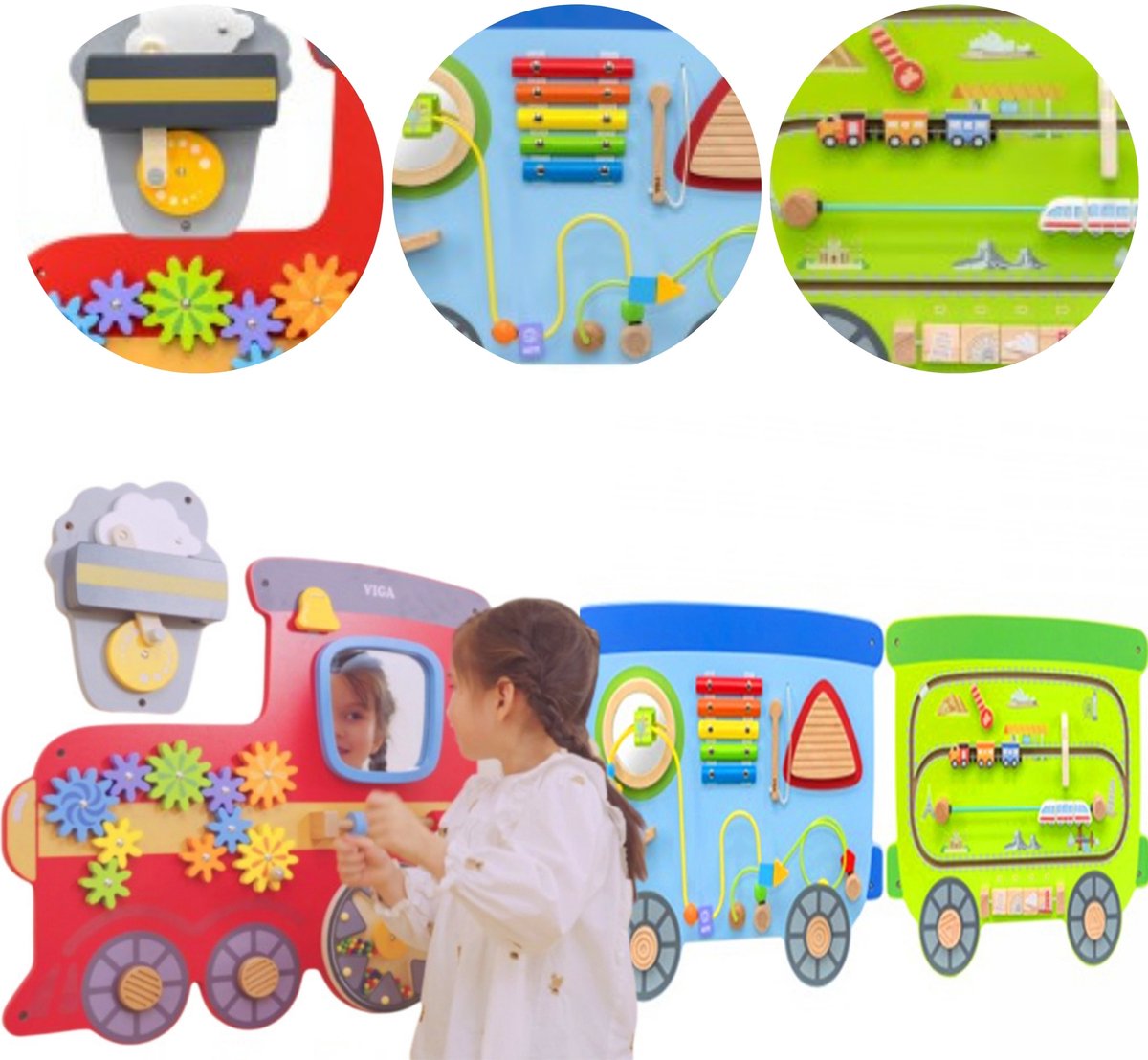 Viga toys - houten - wandspeelbord - trein - lengte 190cm