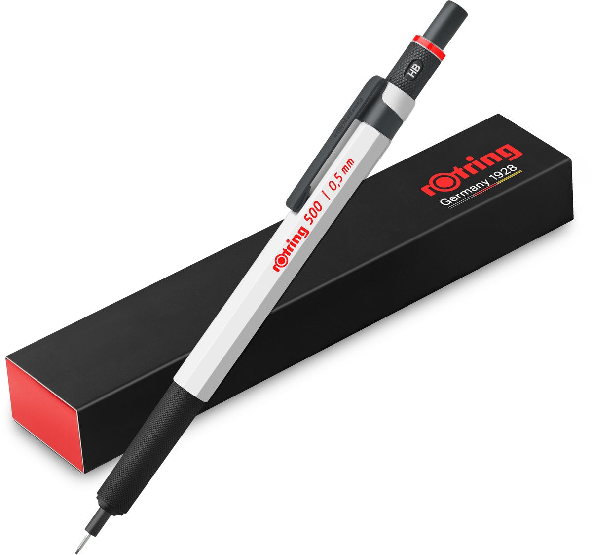 Rotring 500 vulpotlood | 0,5 mm grafiet hb lead | | witte zeshoekige kunststof huls en metalen grip met antislip structuur