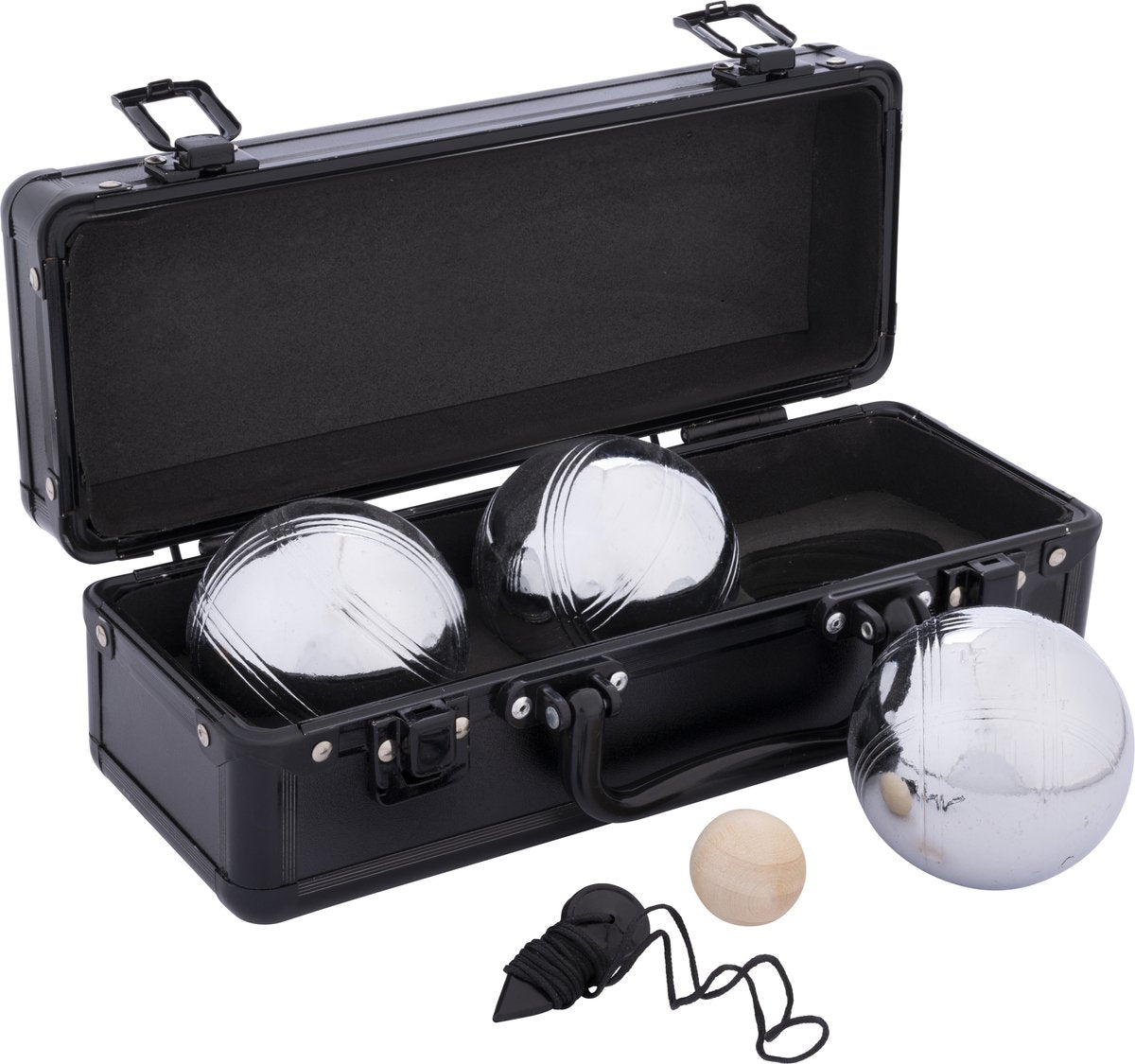 Engelhart metalen jeu de boules set – 3 ballen in zwarte aluminium koffer – pétanque set – metalen boules 74 mm 720 g – inclusief but – luxe draagkoffer –