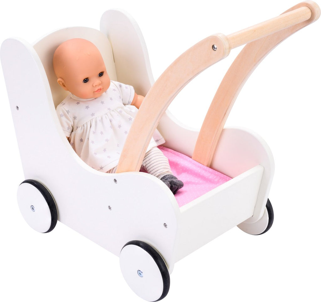 Puppenwagen aus Holz, rosa-weiß