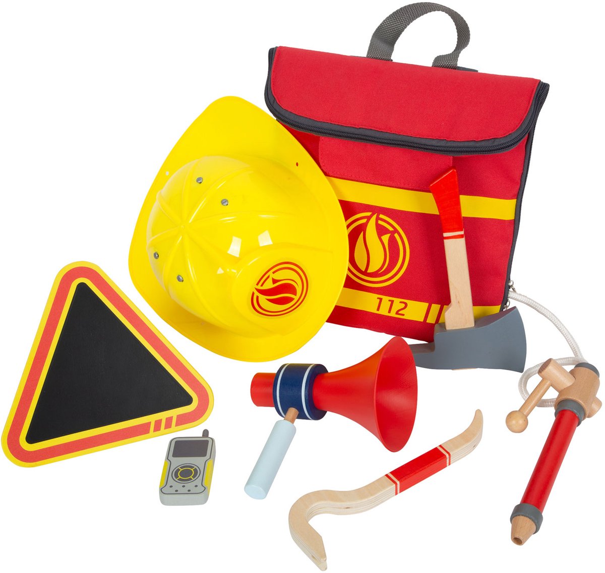 Small Foot - Feuerwehrrucksack mit hölzernen Feuerwehr-Accessoires, 8 Stück.