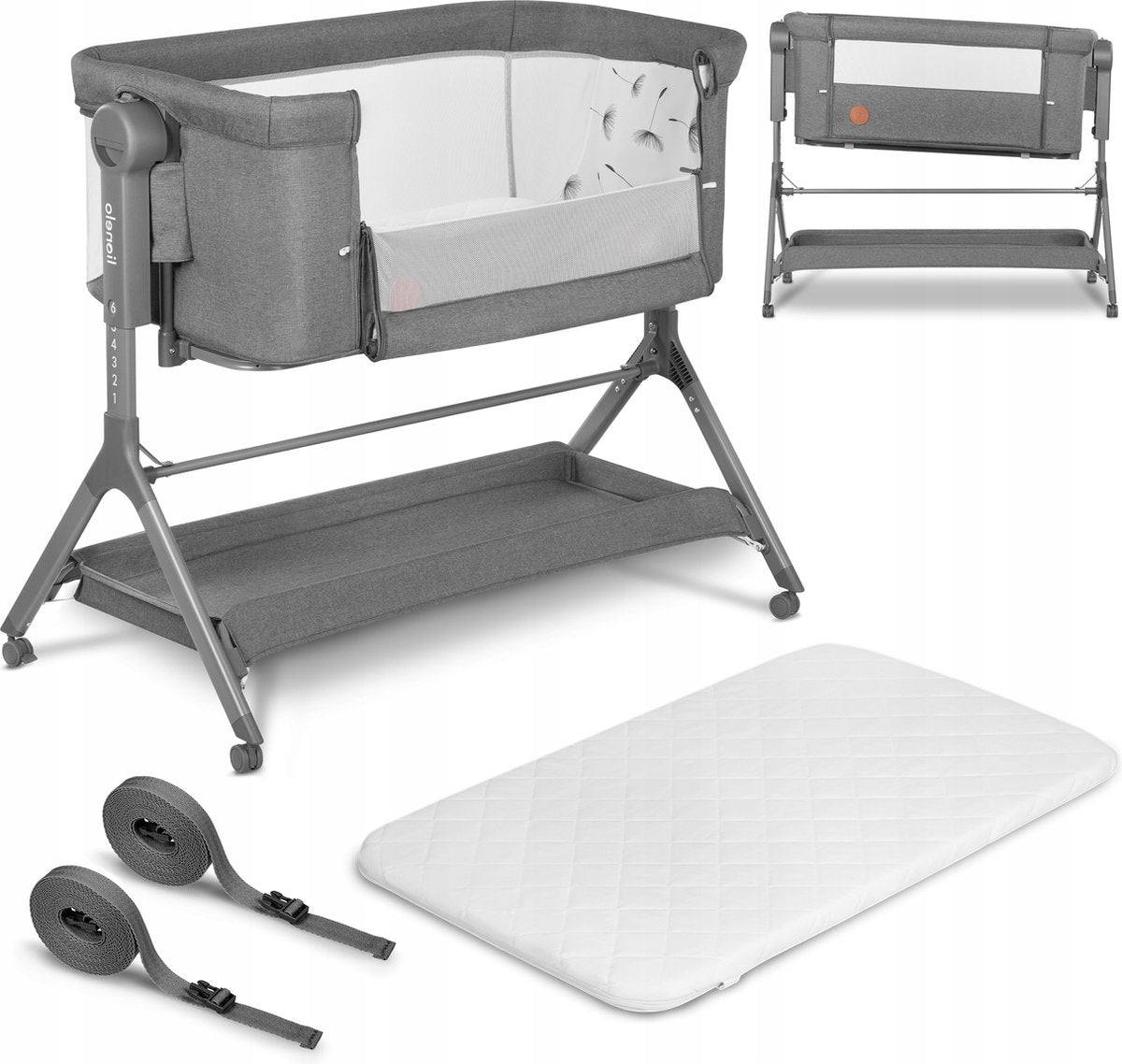 Lionelo leonie plus - co-sleeper 3 in 1 wieg en babybed – kinderbed tot 9 kg – hoogteverstelling in 6 niveaus – schommelfunctie – t25 matras – opbergmand – wielen – afneembare hoezen