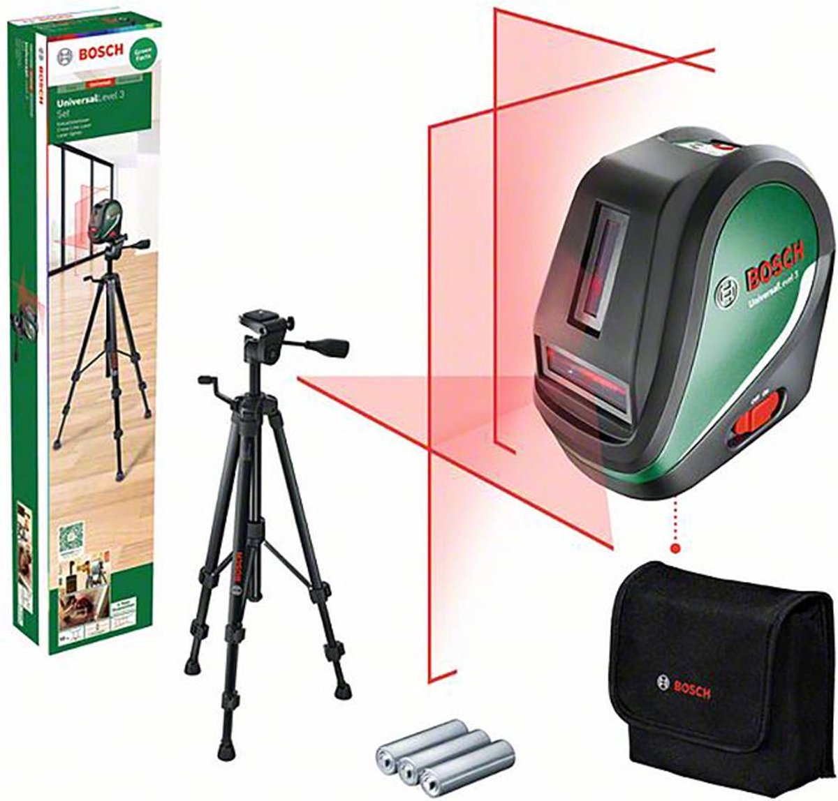 Bosch universallevel 3 set - kruislijnlaser - loodpunt boven en onder - inclusief statief - opbergetui - batterijen