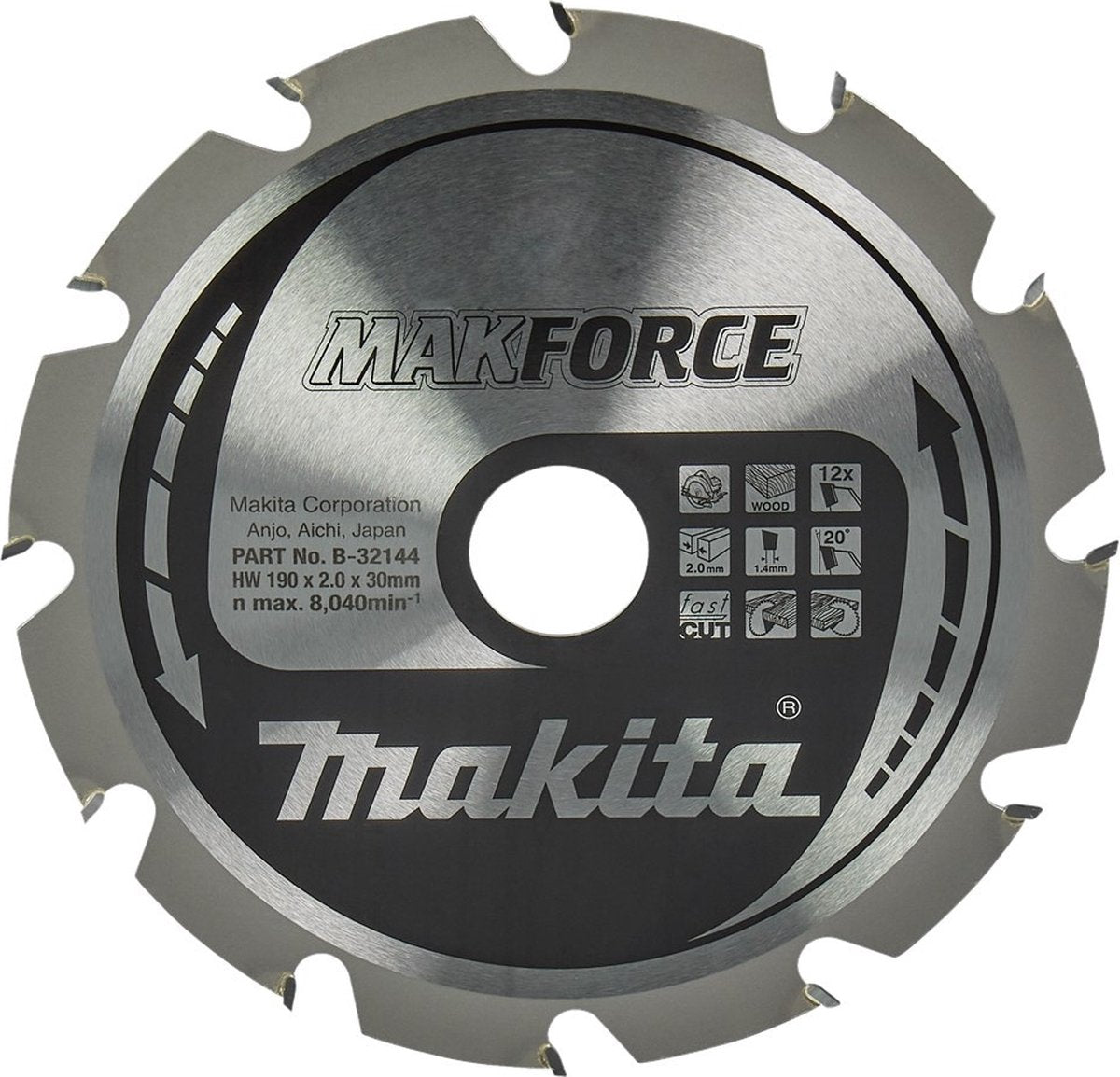 Makita ø 190mm asgat 30mm 12t cirkelzaagblad voor hout | makforce - b-32144