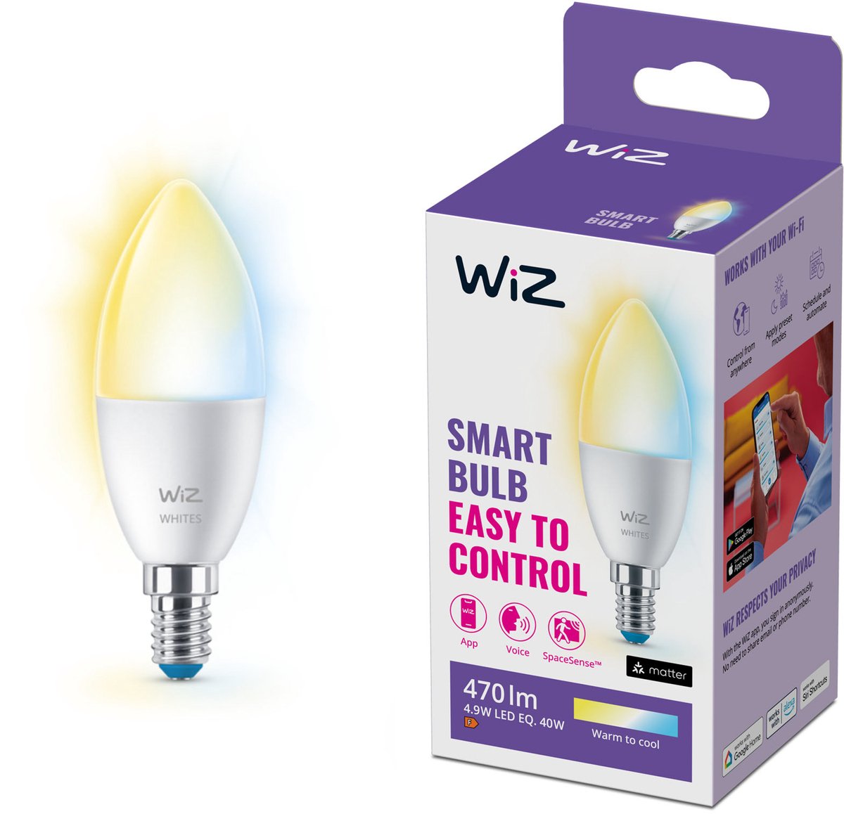 Wiz kaarslamp - warm- tot koelwit licht - slimme led verlichting - e14 fitting - 40w - mat - wi-fi