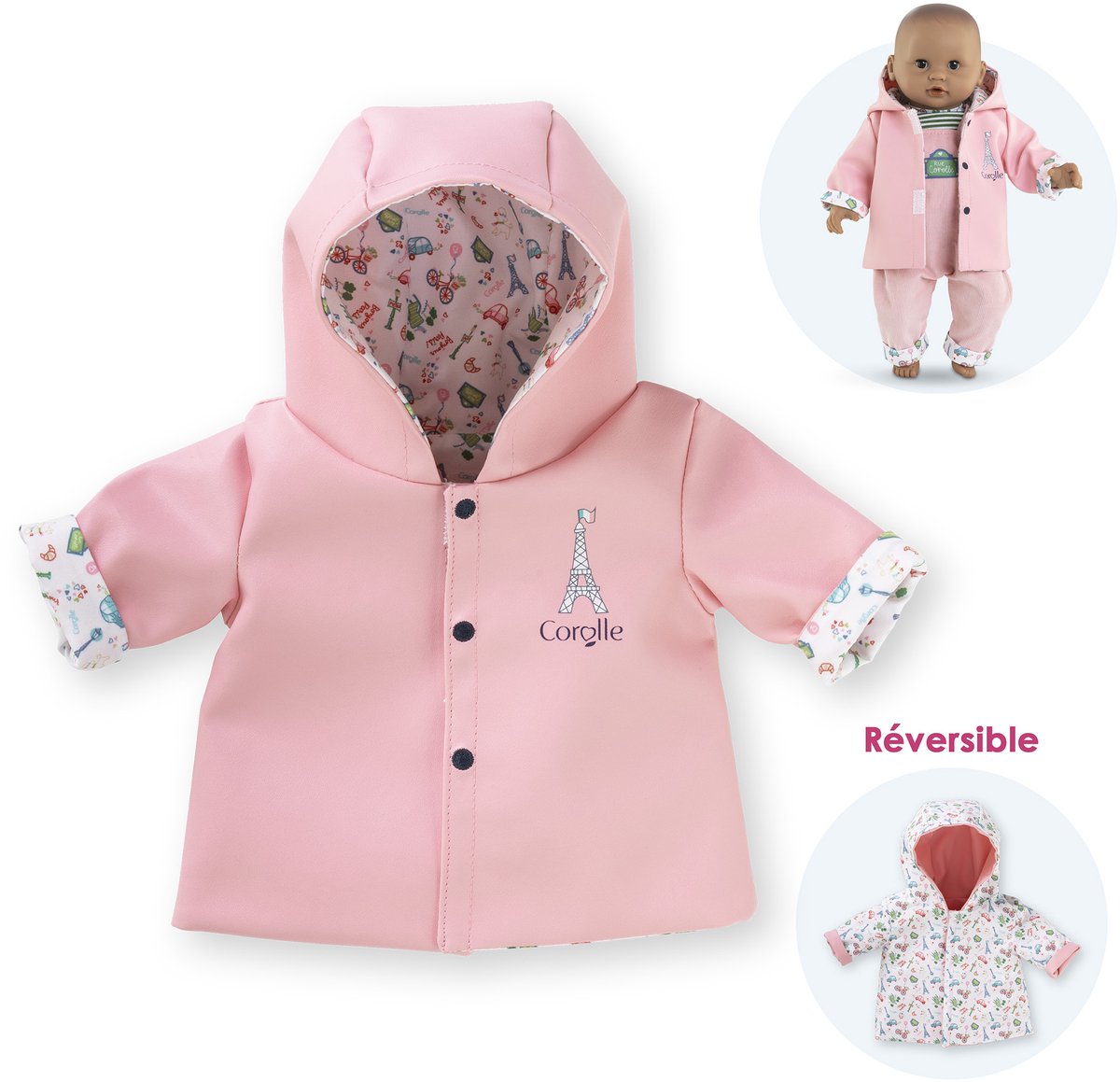 Corolle regenjas babypop 30cm - omkeerbaar poppenkleding roze.